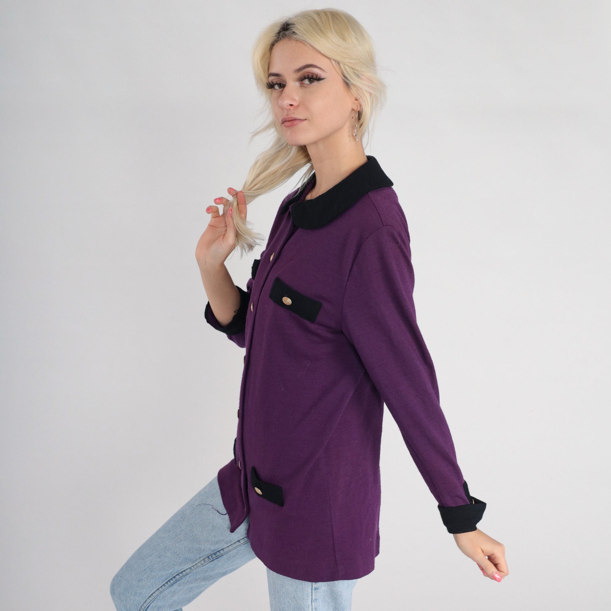 90s Talbots Purple Wool Blazer Black Trim Gold Buttons Medium M