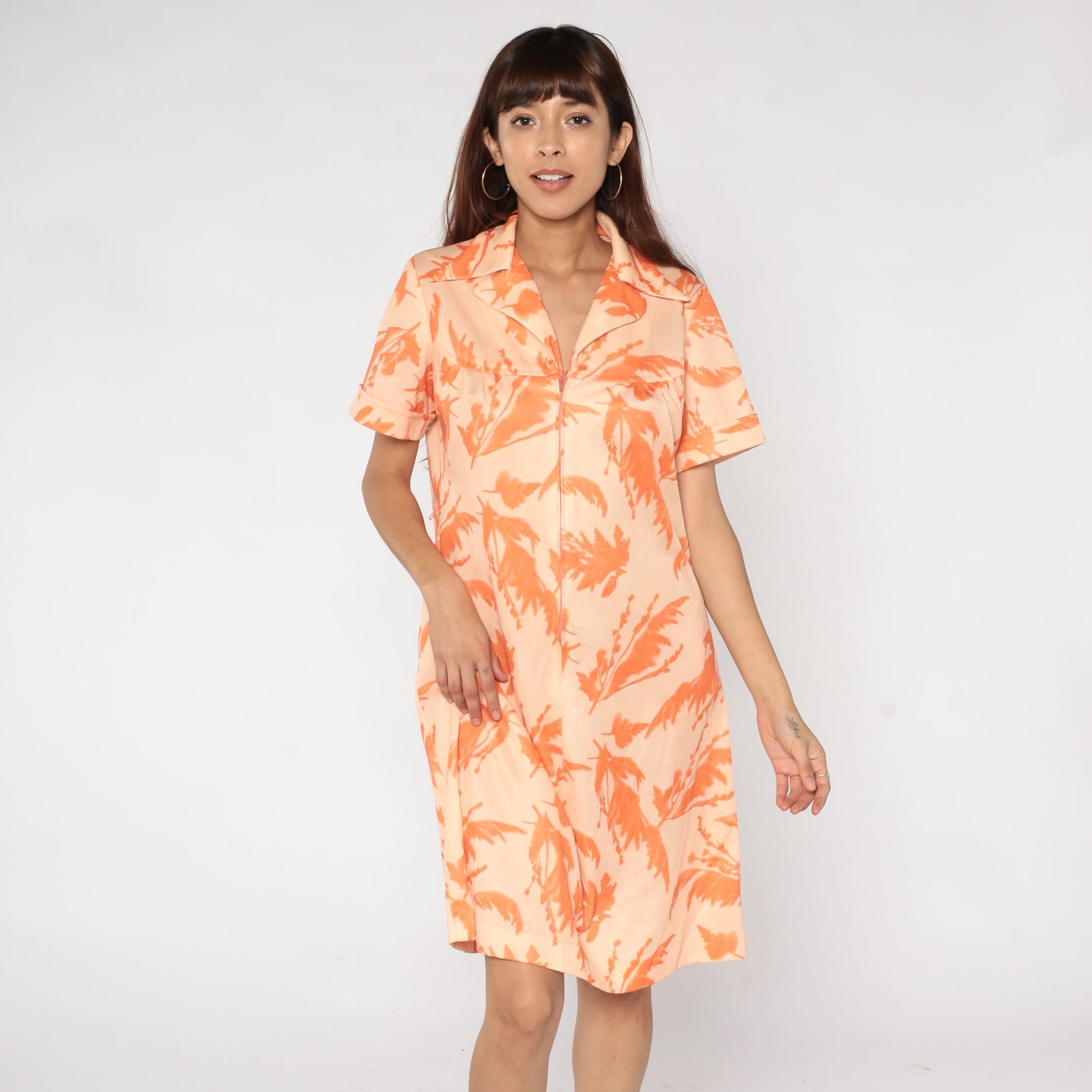 60s Orange Floral Shift Dress Feather Print Zip Front Knee Length XL