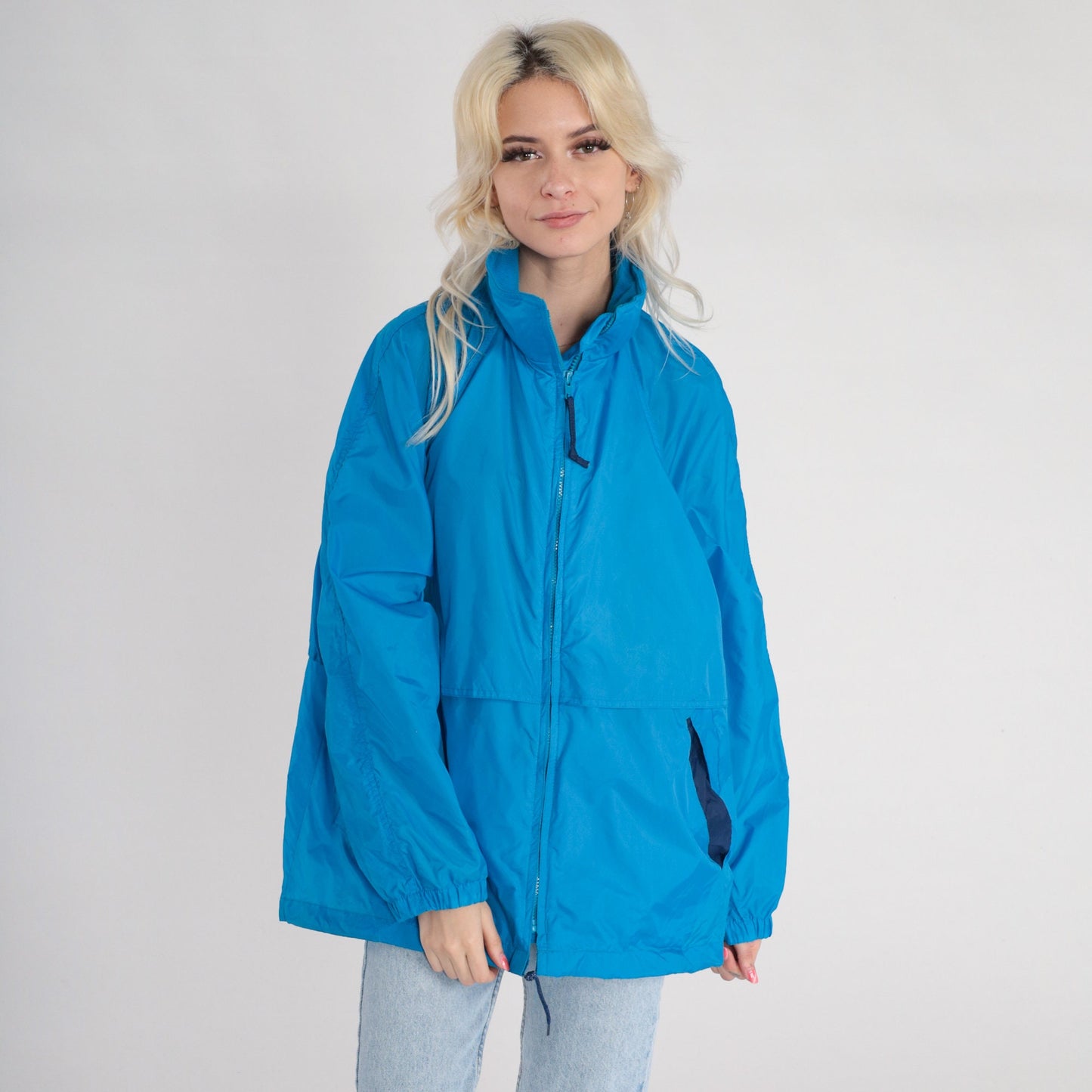 90s Eddie Bauer Blue Nylon Windbreaker Hidden Hood Zip Jacket Large