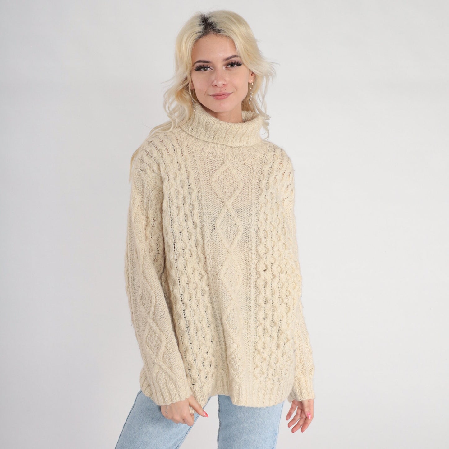 90s Liz Claiborne Cream Cable Knit Wool Turtleneck Sweater Medium M