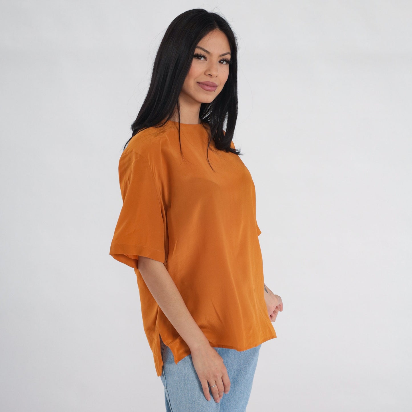 90s Orange Silk Blouse Short Sleeve Keyhole Back Vintage Top Large