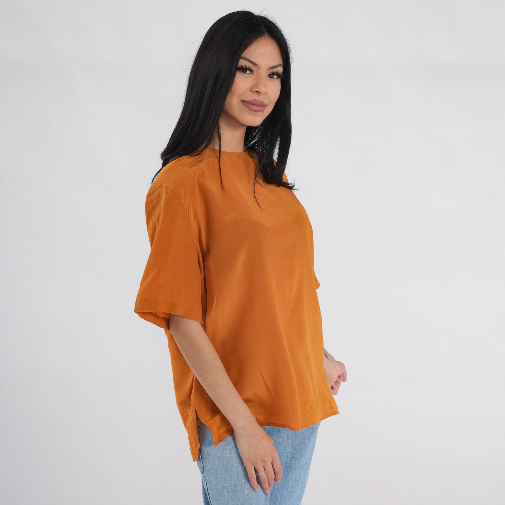 90s Orange Silk Blouse Short Sleeve Keyhole Back Vintage Top Large