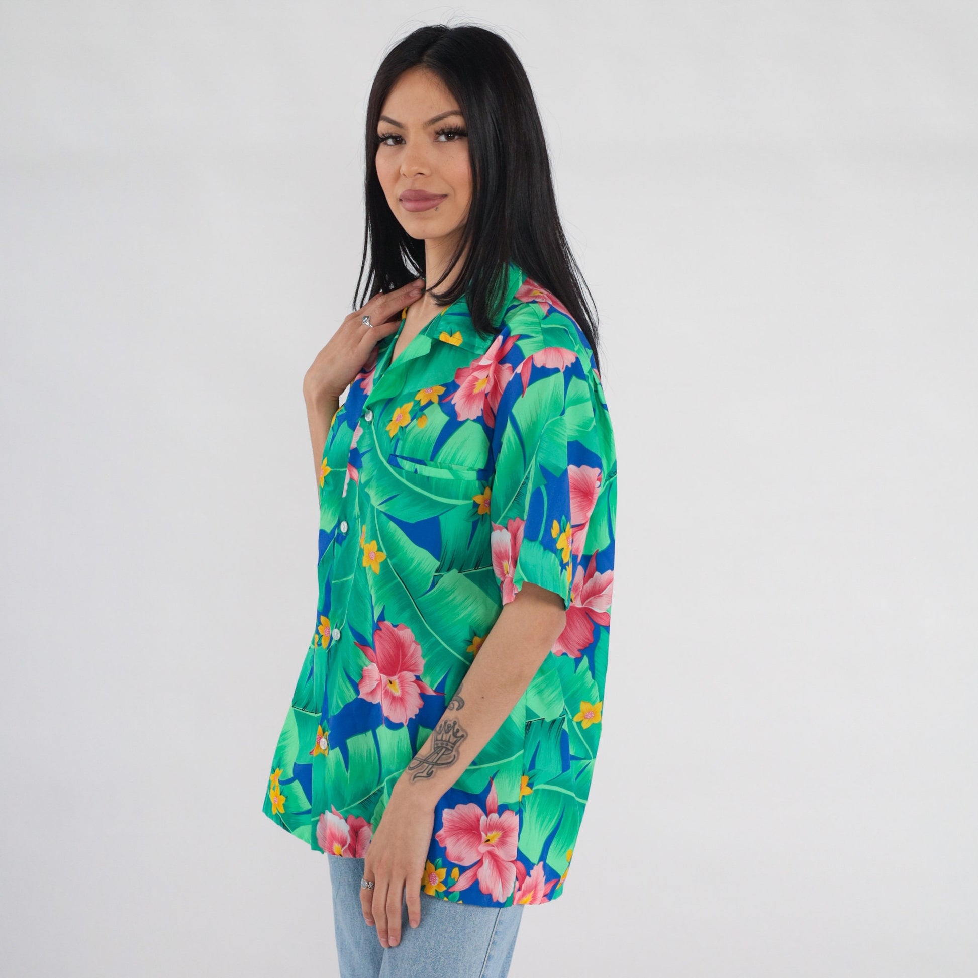 90s Tropical Floral Button Up Shirt Orchid Leaf Print Green Blue Pink Medium