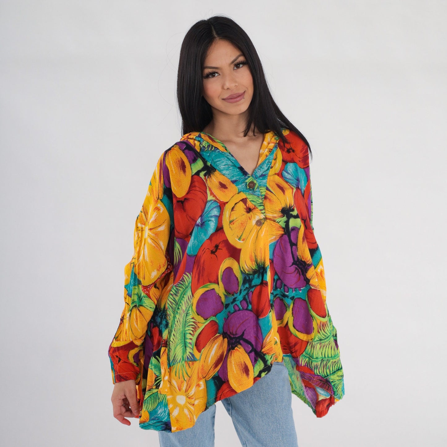 00s Fruit Print Hooded Blouse Colorful Long Sleeve High-Low Tunic One Size