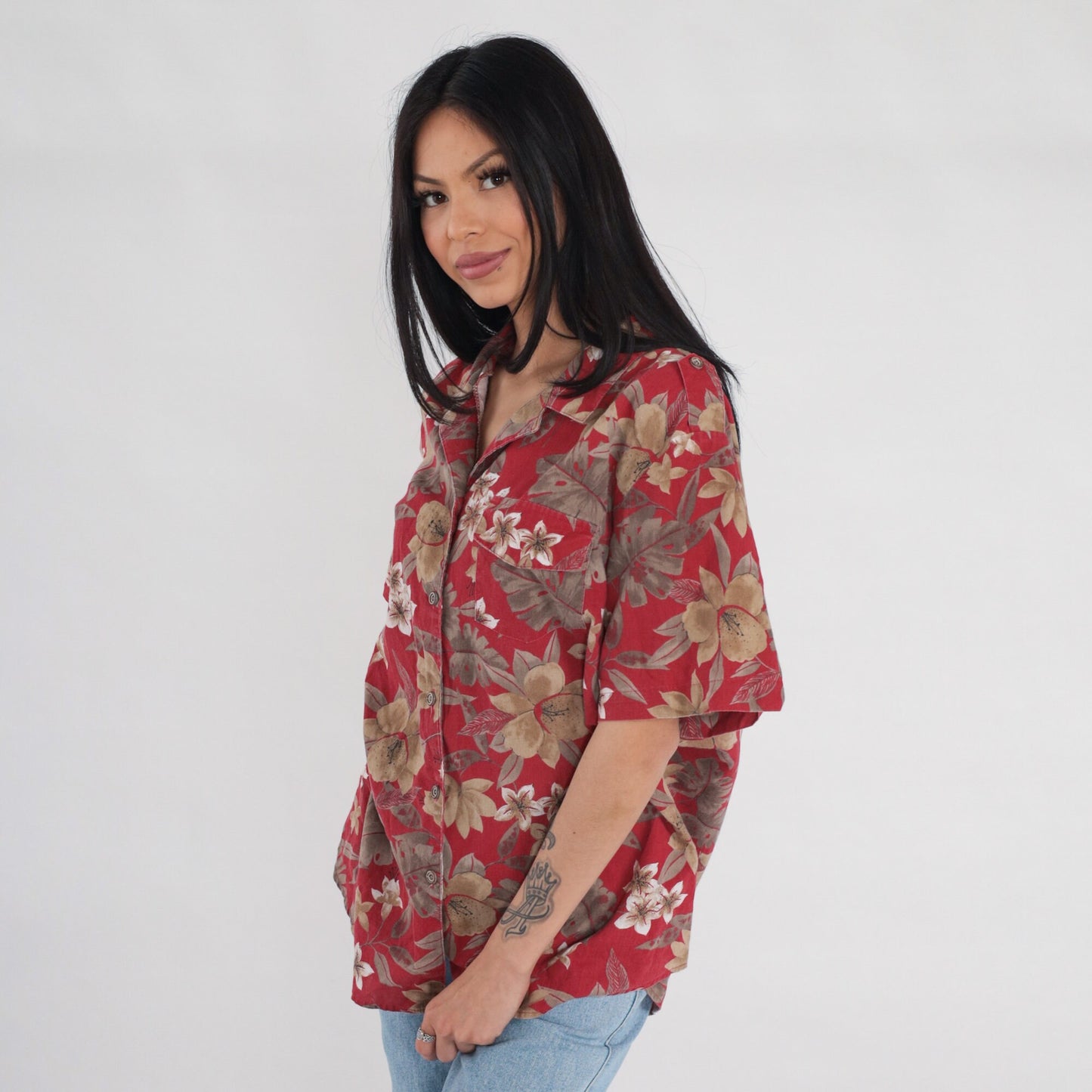 90s Red Tropical Floral Button-Up Shirt Short Sleeve Plumeria Print Extra Large XL