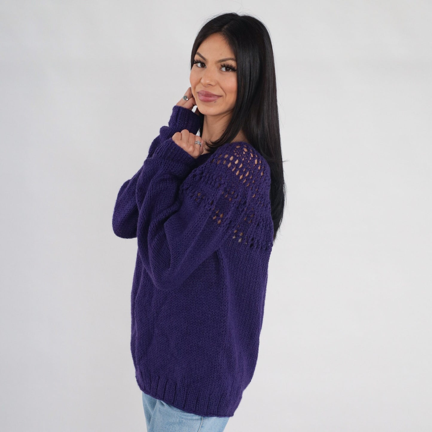 00s Purple Knit Pullover Sweater Open Weave Cutout Yoke Large L