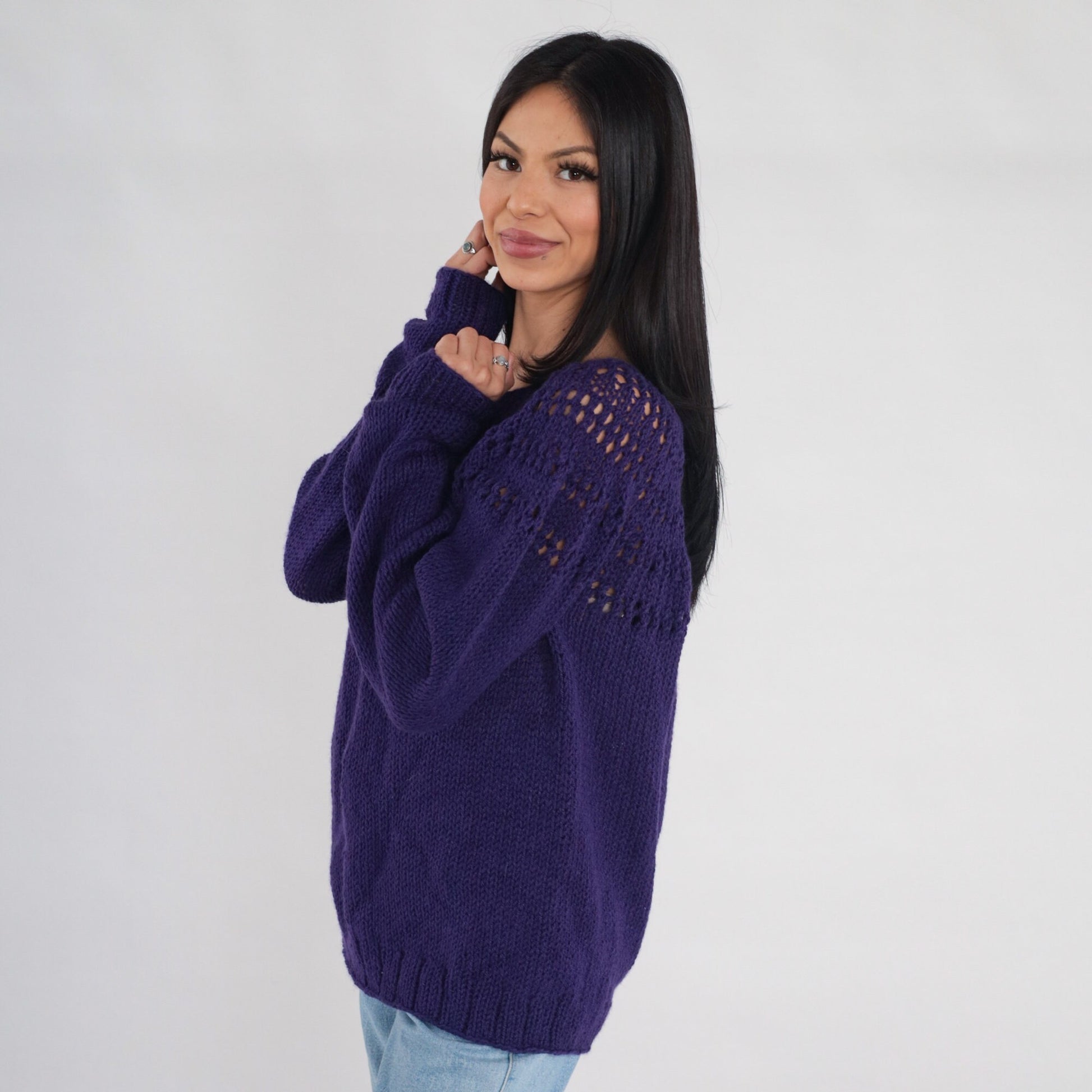 00s Purple Knit Pullover Sweater Open Weave Cutout Yoke Large L