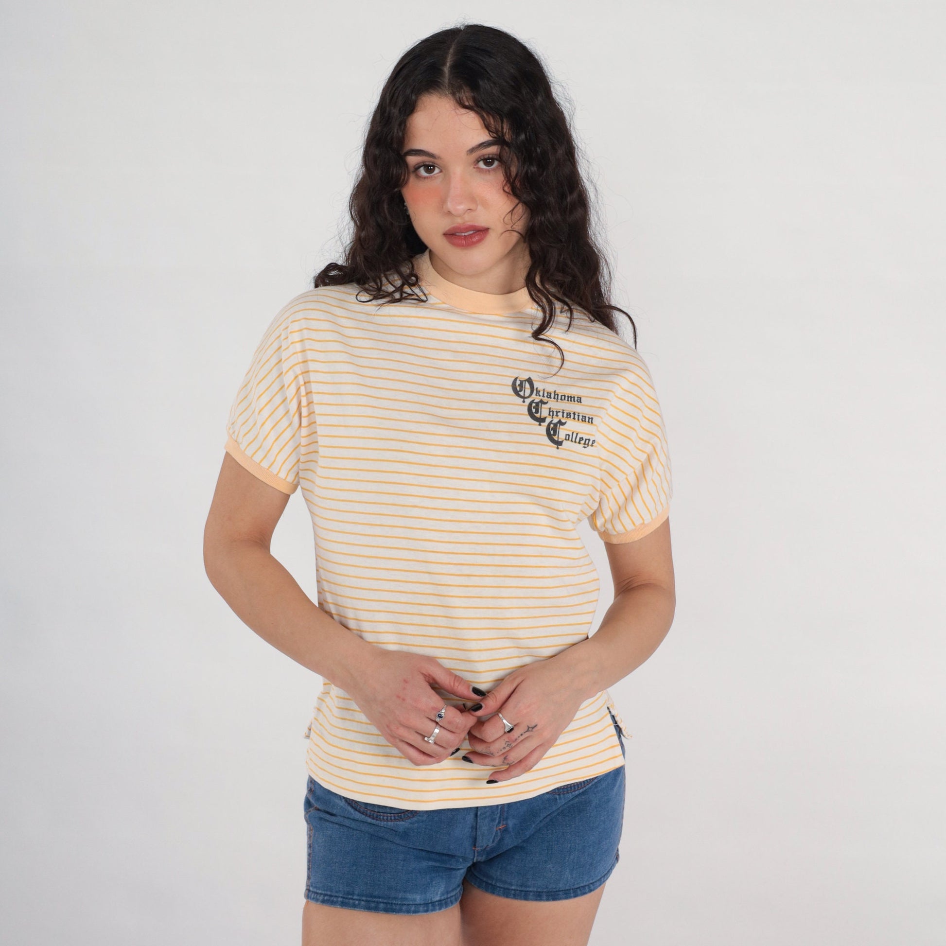 80s Oklahoma Christian College Ringer Tee White Yellow Striped Graphic Small