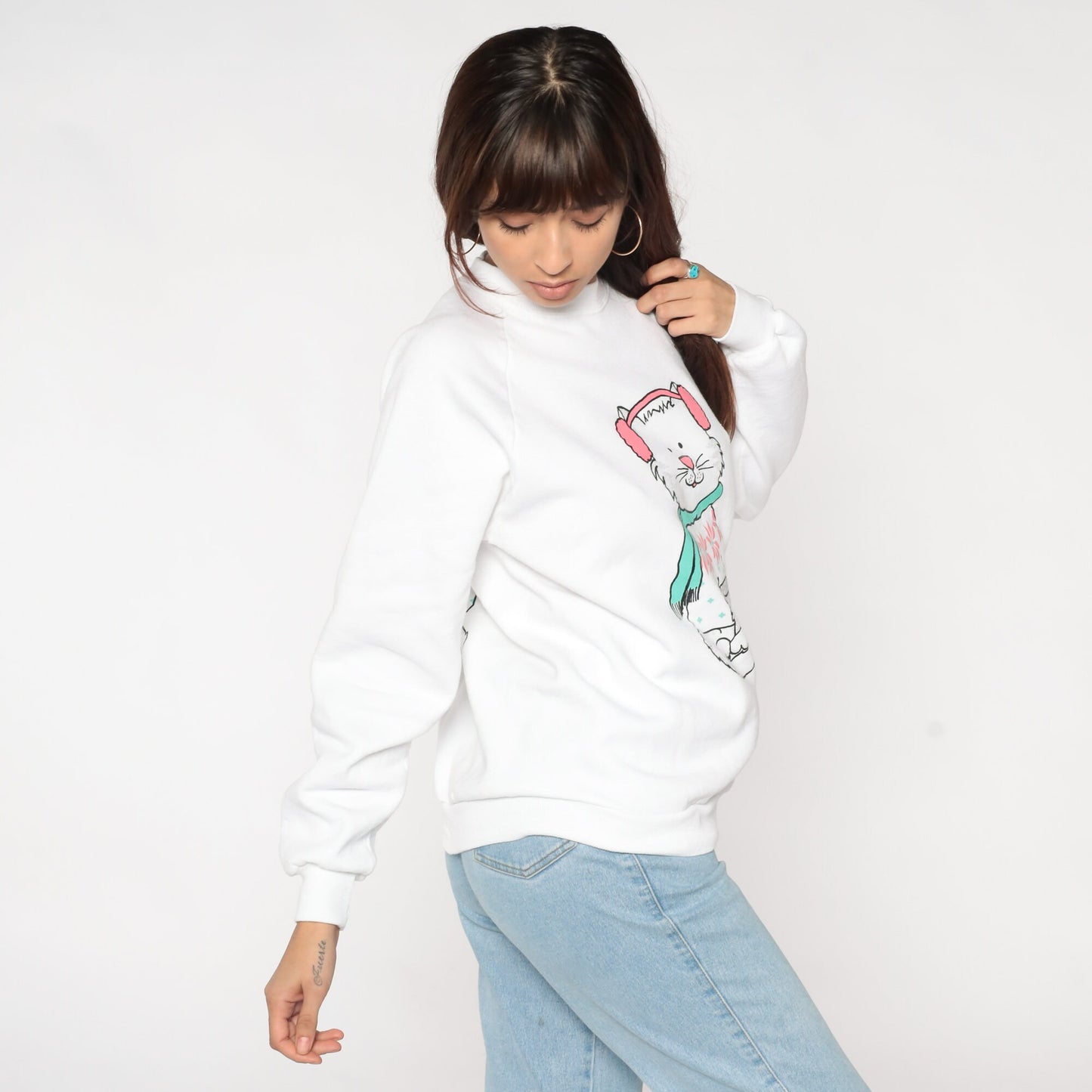 90s Winter Cat Front Back Print Sweatshirt White Jerzees Raglan Large L