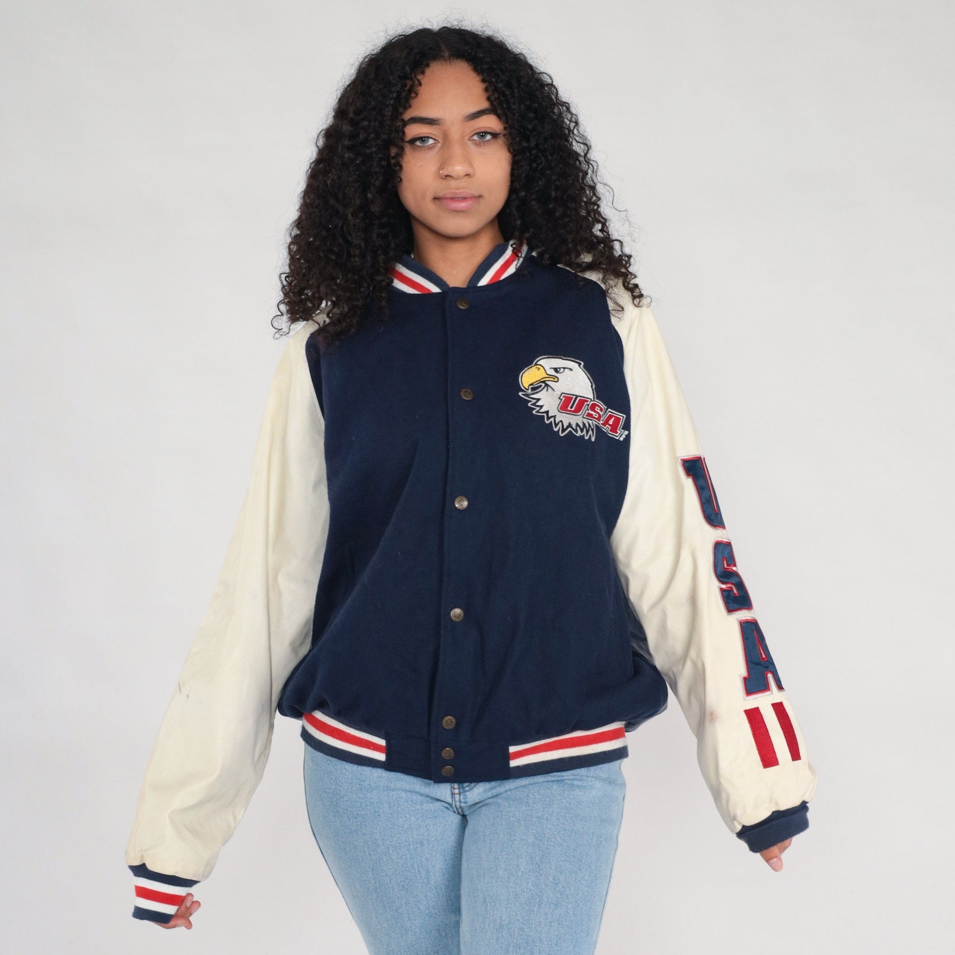 00s Steve & Barry's Eagle USA Bomber Jacket Navy Wool Large