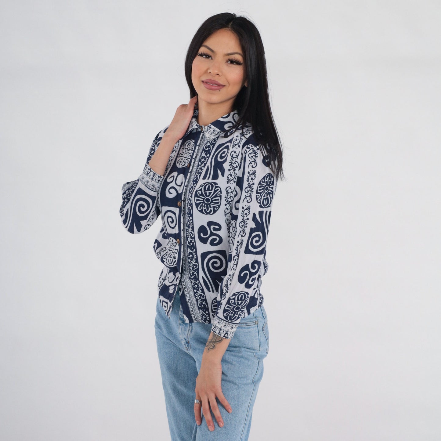 90s Abstract Print Button-Up Blouse Navy White Long Sleeve XS