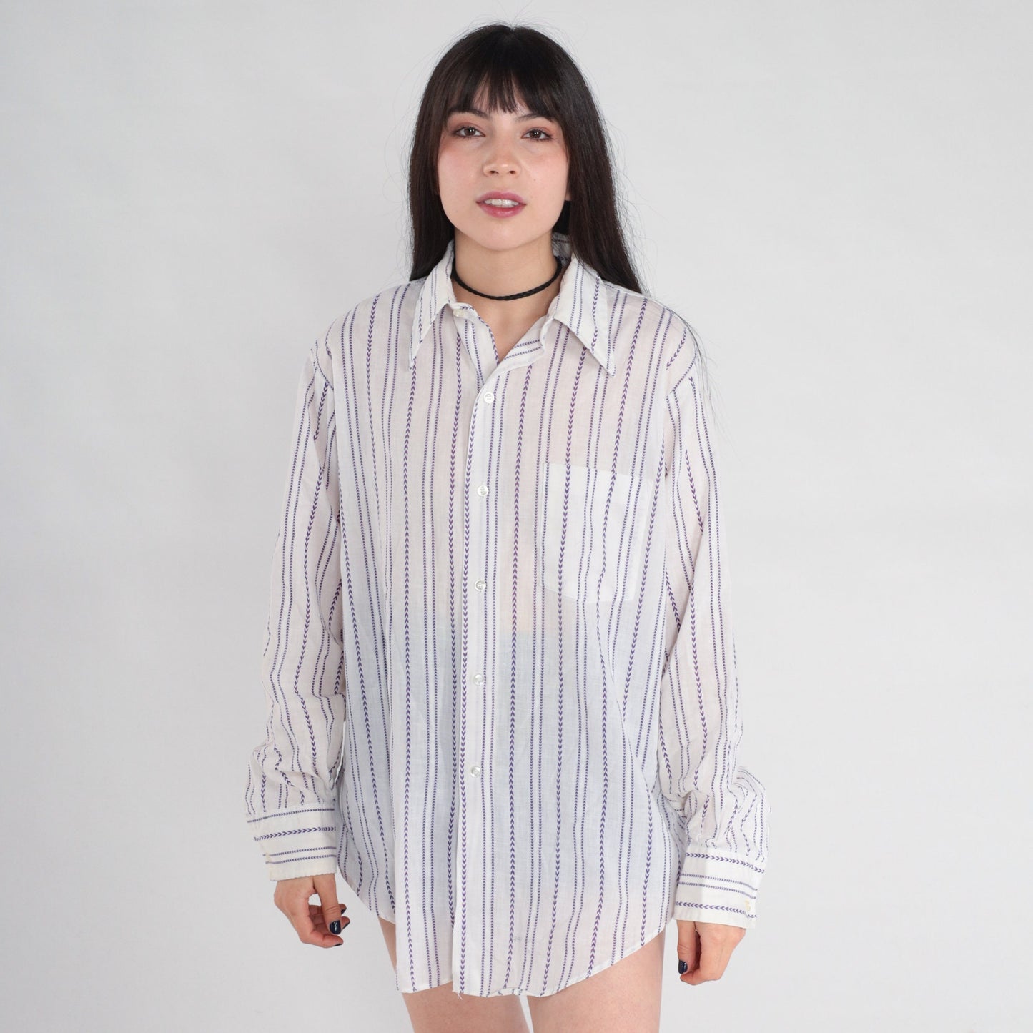 70s White Purple Chevron Striped Oxford Button-Up Shirt Cotton Mens Medium