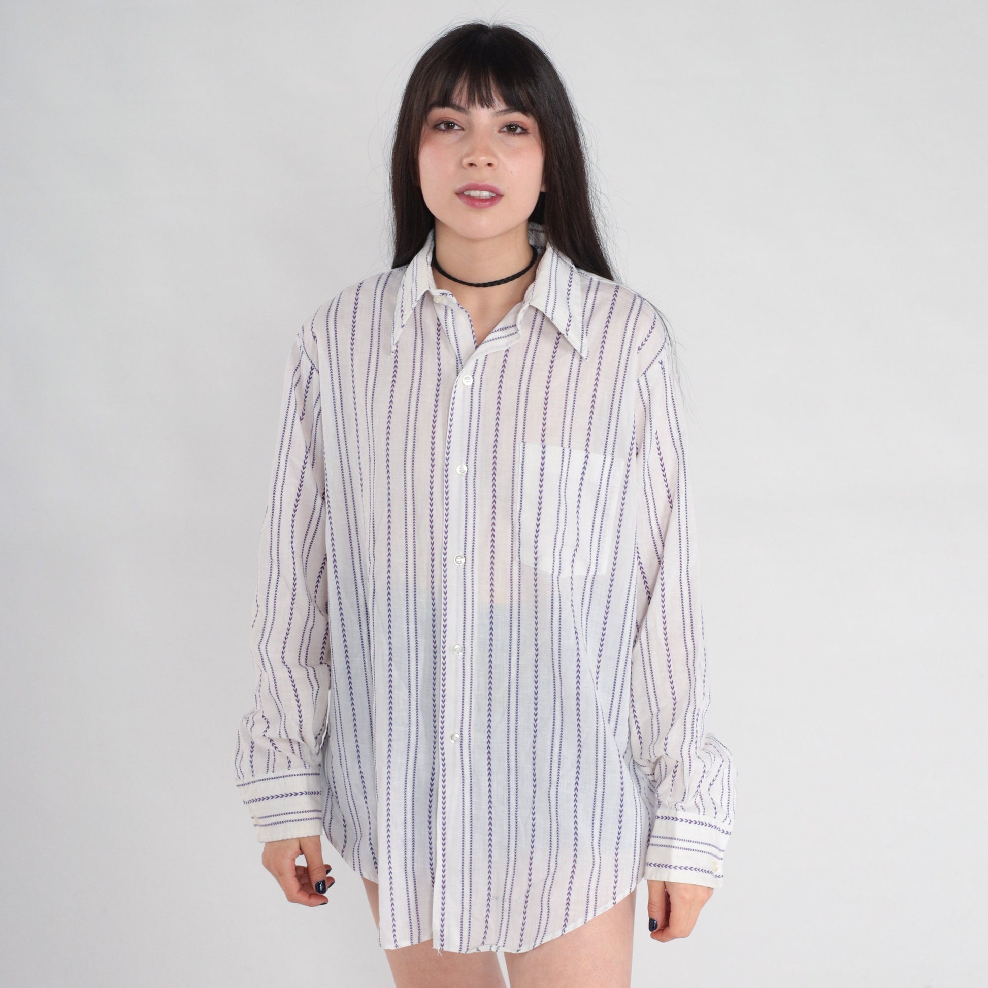 70s White Purple Chevron Striped Oxford Button-Up Shirt Cotton Mens Medium