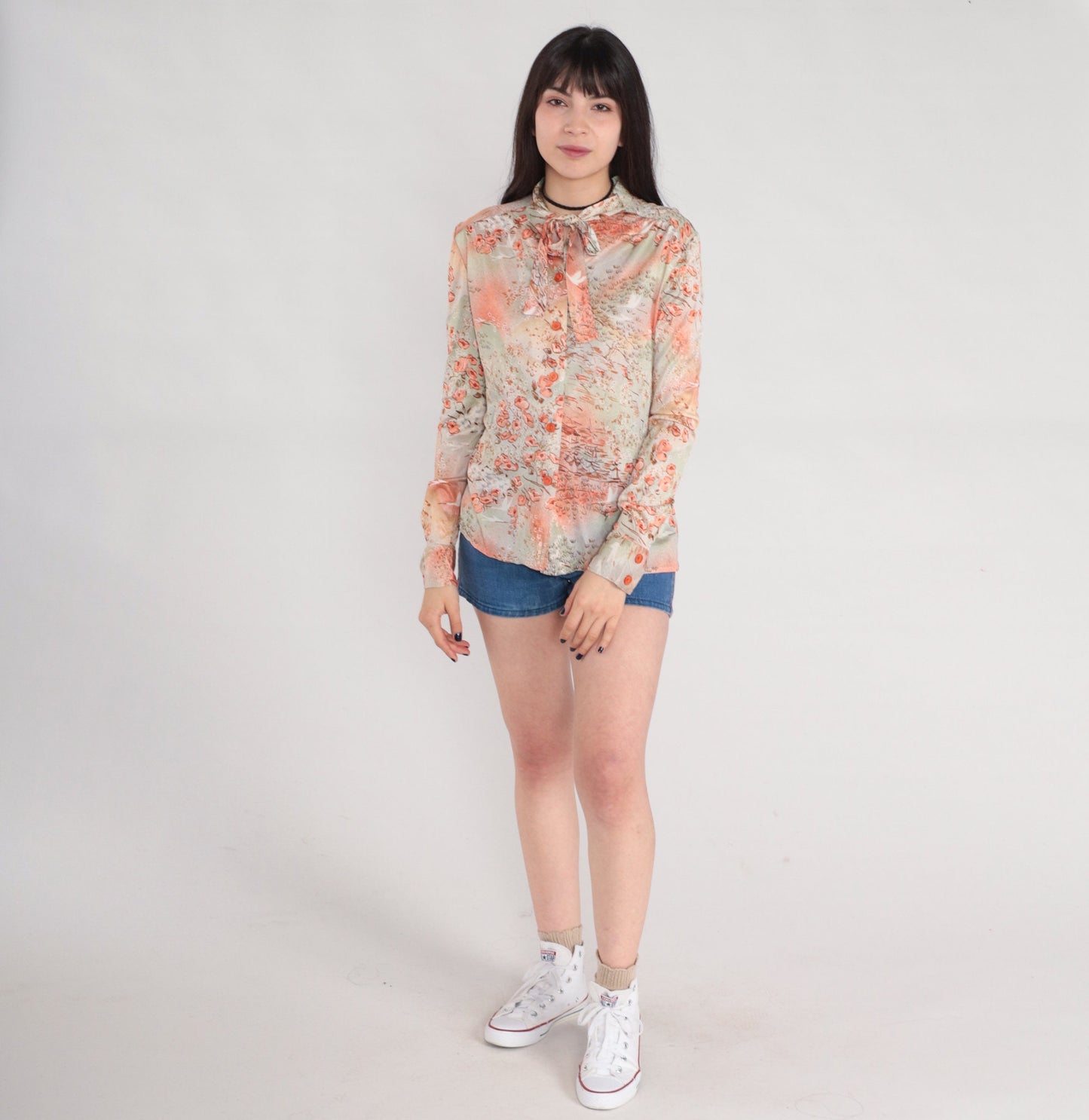 70s Floral Bird Village Print Ascot Blouse Pink Orange Green Long Sleeve Small