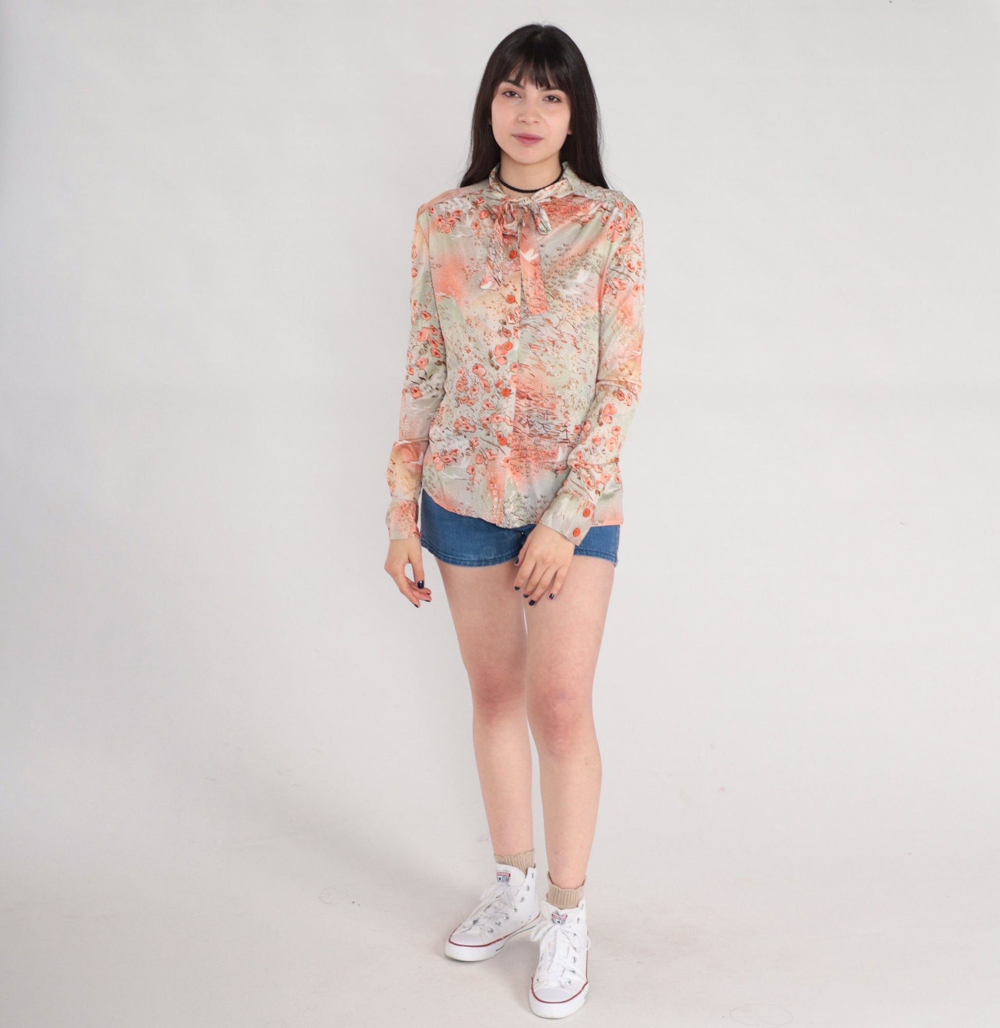 70s Floral Bird Village Print Ascot Blouse Pink Orange Green Long Sleeve Small