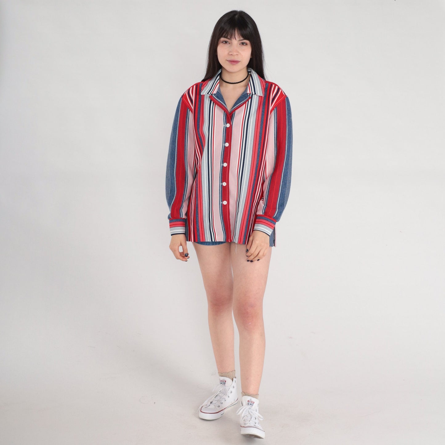 70s Red White Blue Striped Button Up Blouse Notched Collar Long Sleeve Medium Large