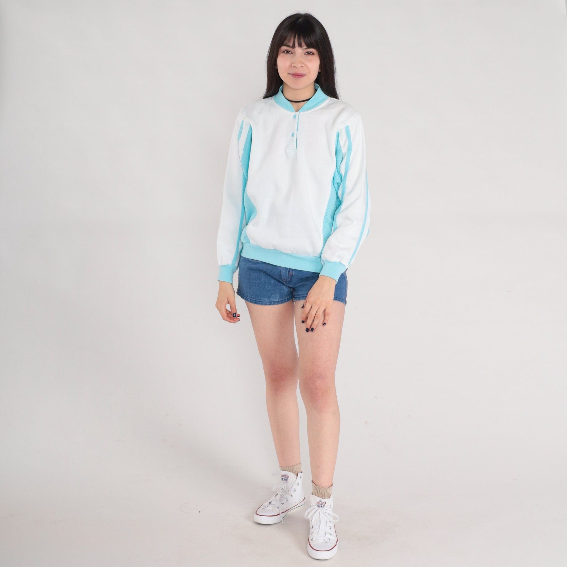 80s White Henley Sweatshirt Blue Mesh Panels Crewneck Small