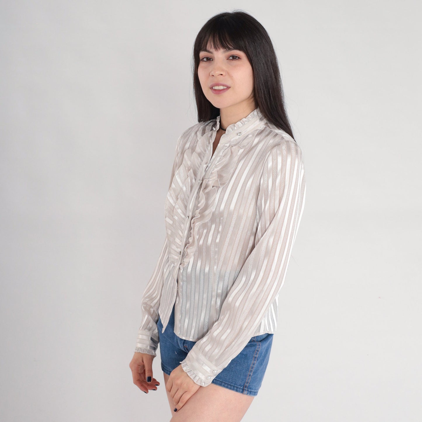 Y2K White Striped Tuxedo Ruffle Blouse Rhinestone Buttons High Neck Medium