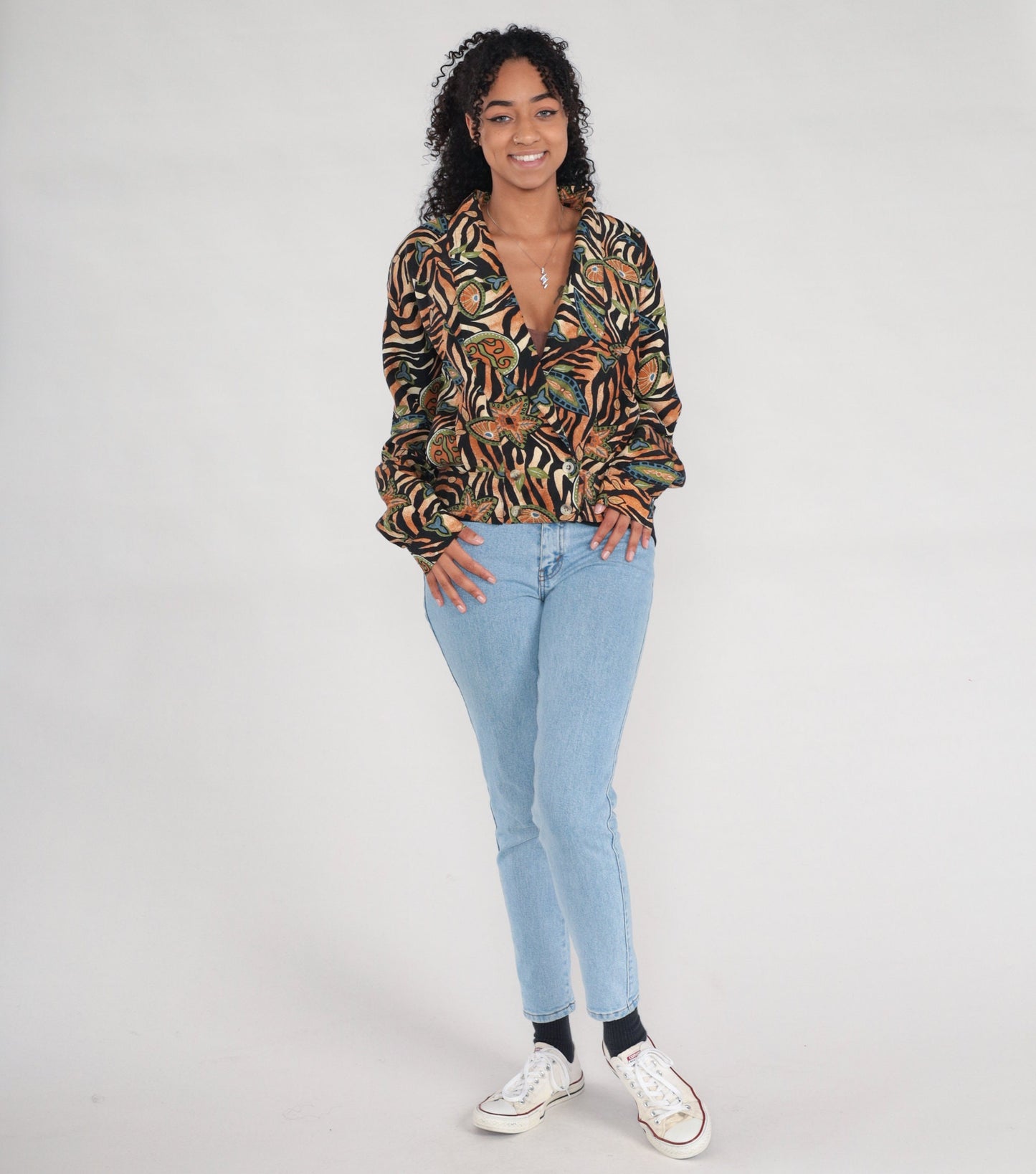 00s Silk Tiger Stripe Windbreaker Jacket Floral Deep V Black Burnt Orange Large