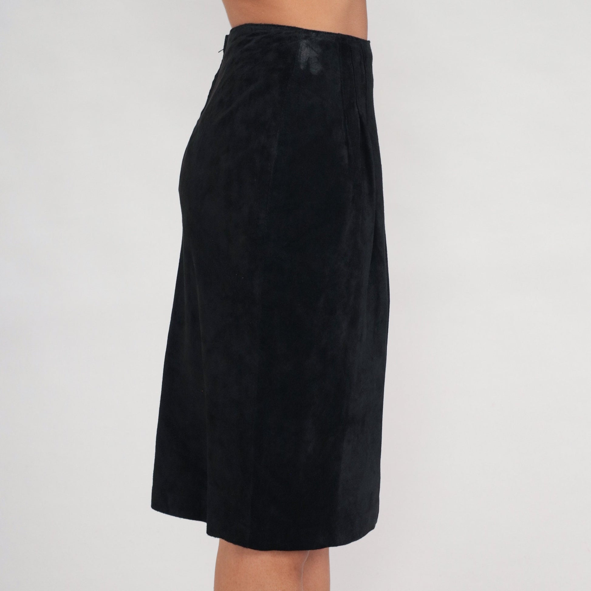 90s Black Suede Pencil Skirt Midi High Waist Pig Leather Small