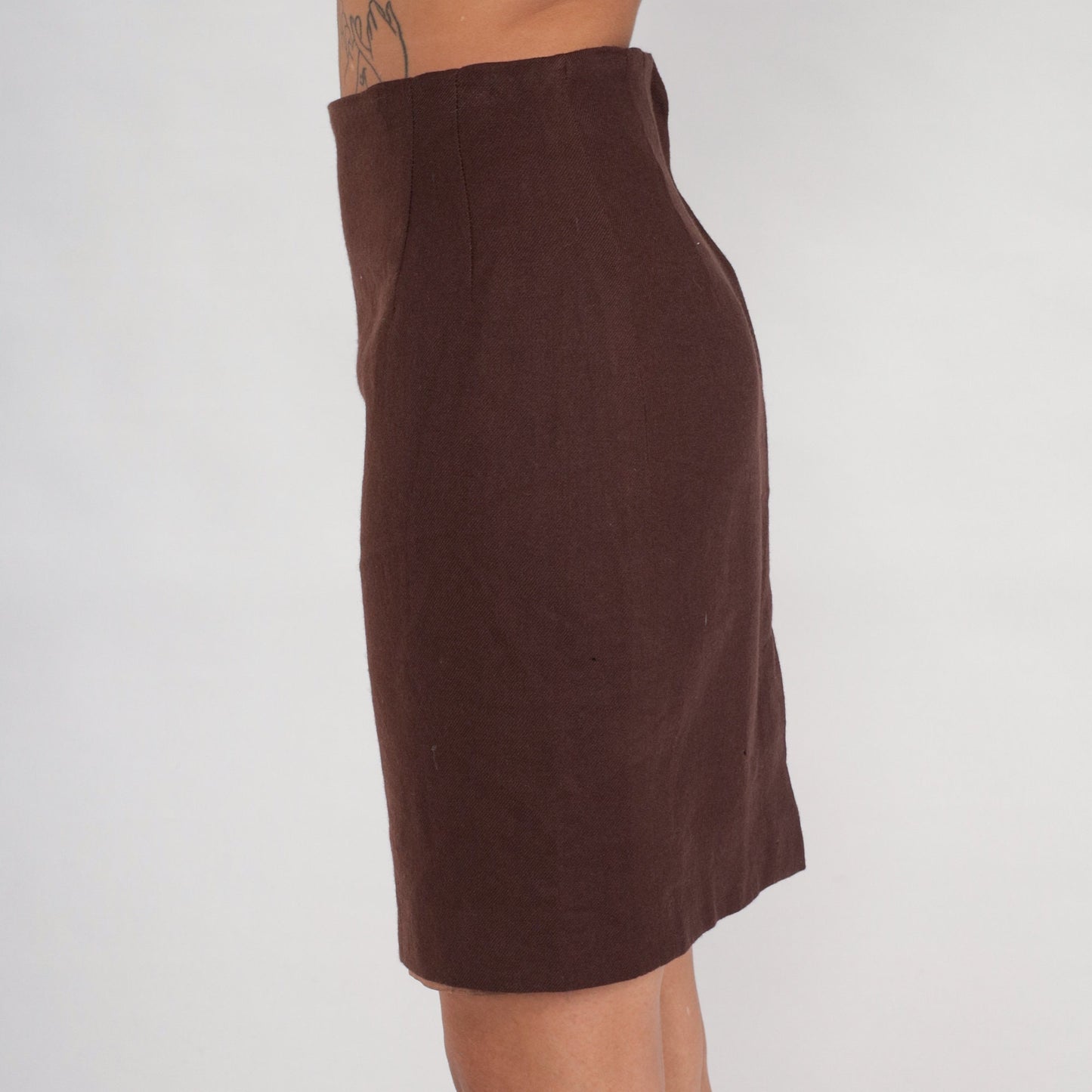 70s Brown Wool Pencil Skirt High Waist Rear Zip Small