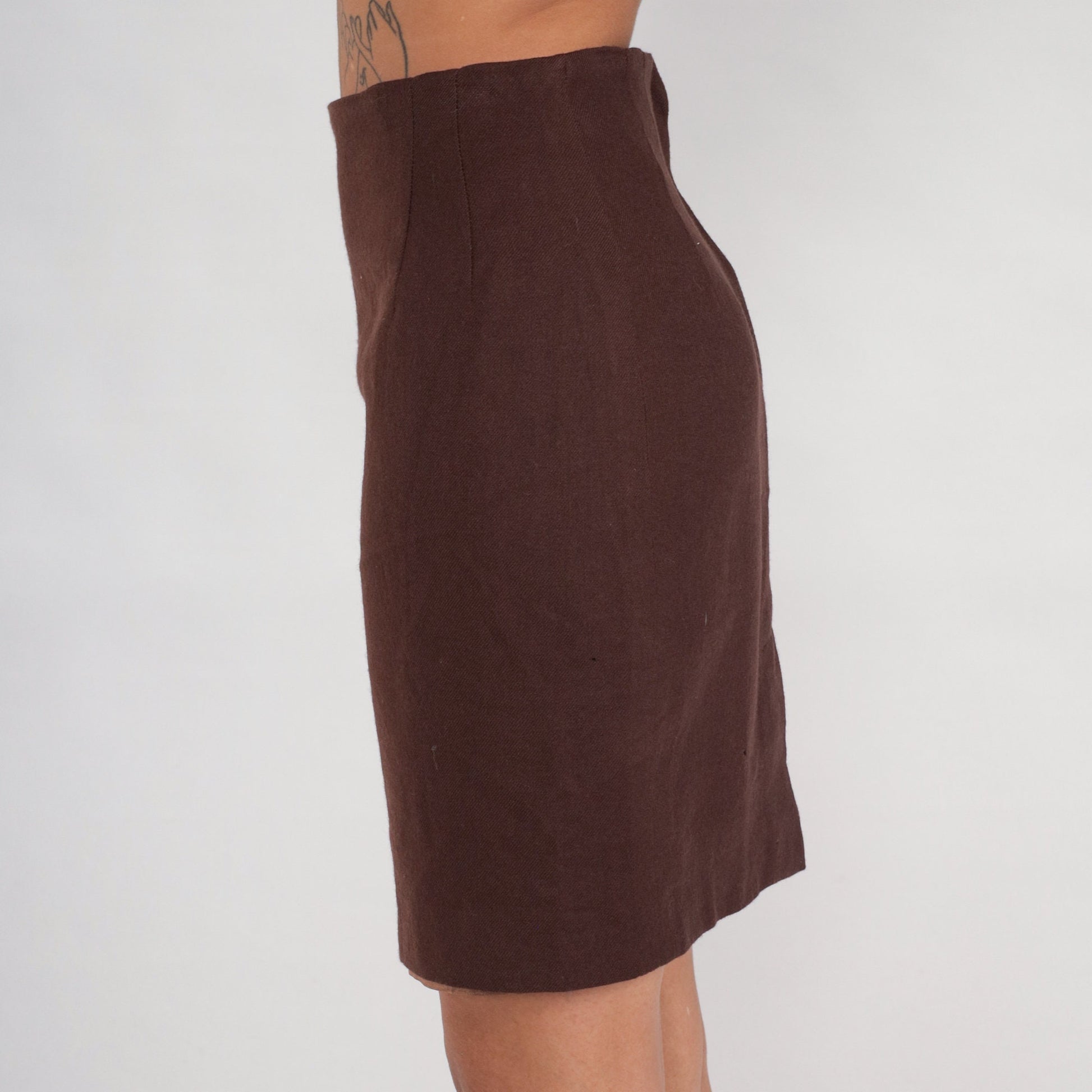 70s Brown Wool Pencil Skirt High Waist Rear Zip Small