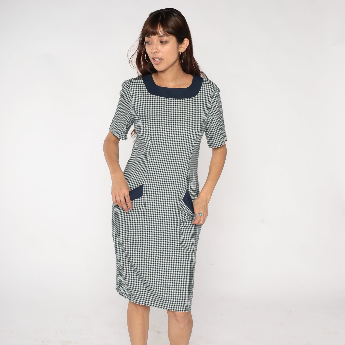 90s Gingham Shift Dress White Navy Checkered Mini Pocket Short Sleeve Medium
