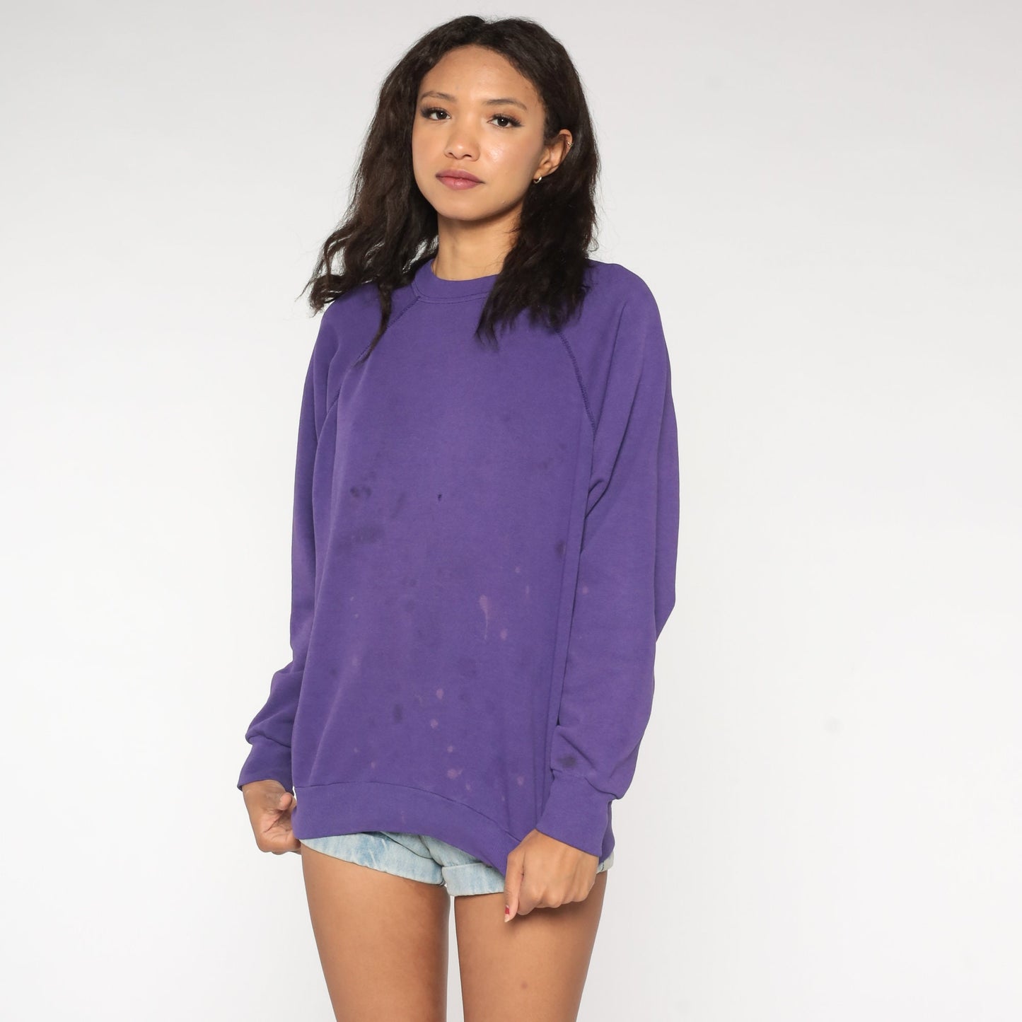 80s Purple Raglan Sweatshirt Distressed Crewneck Slouchy Large L