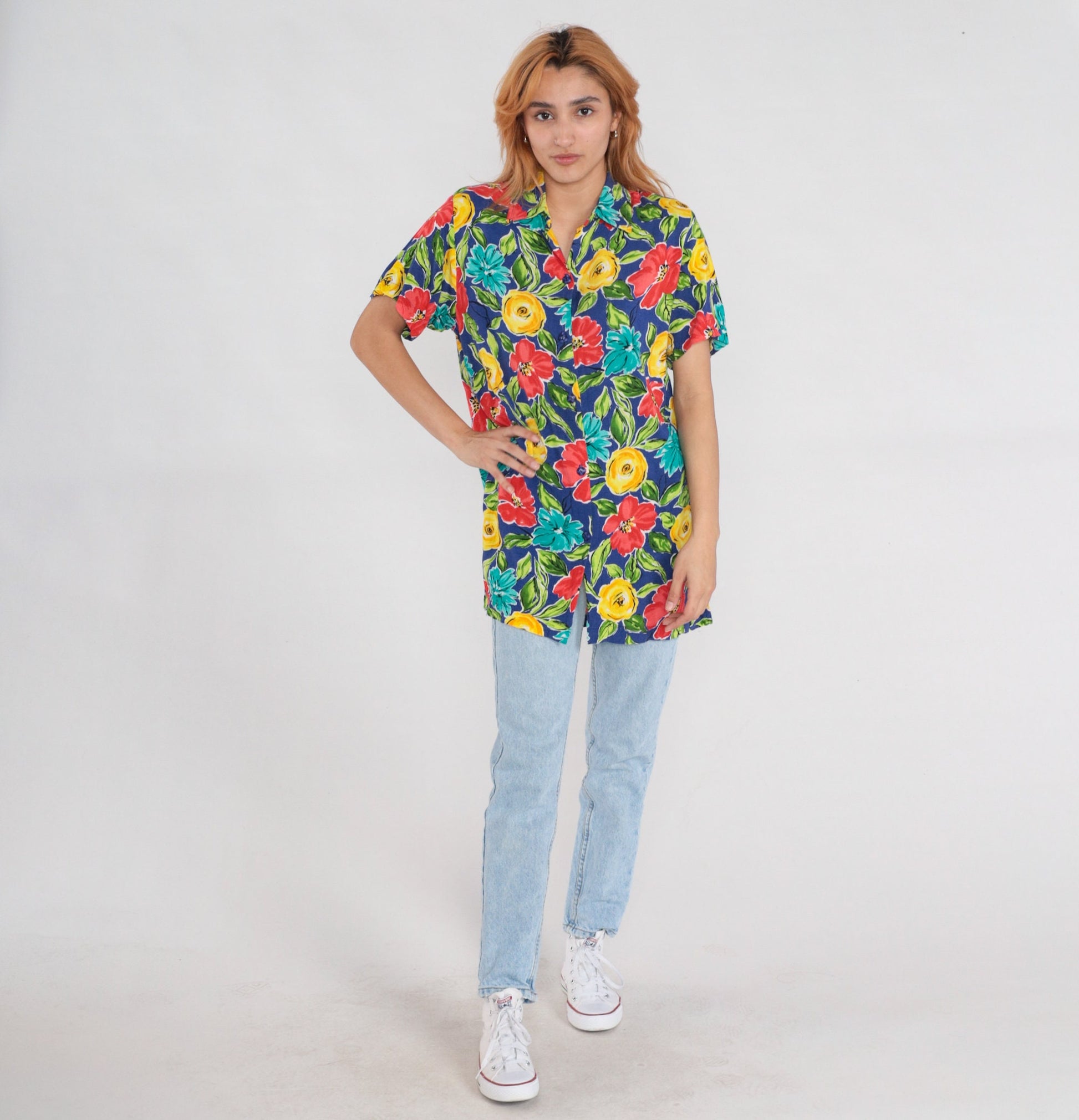 90s Floral Rayon Button-Up Blouse Short Sleeve Red Yellow Blue Small S