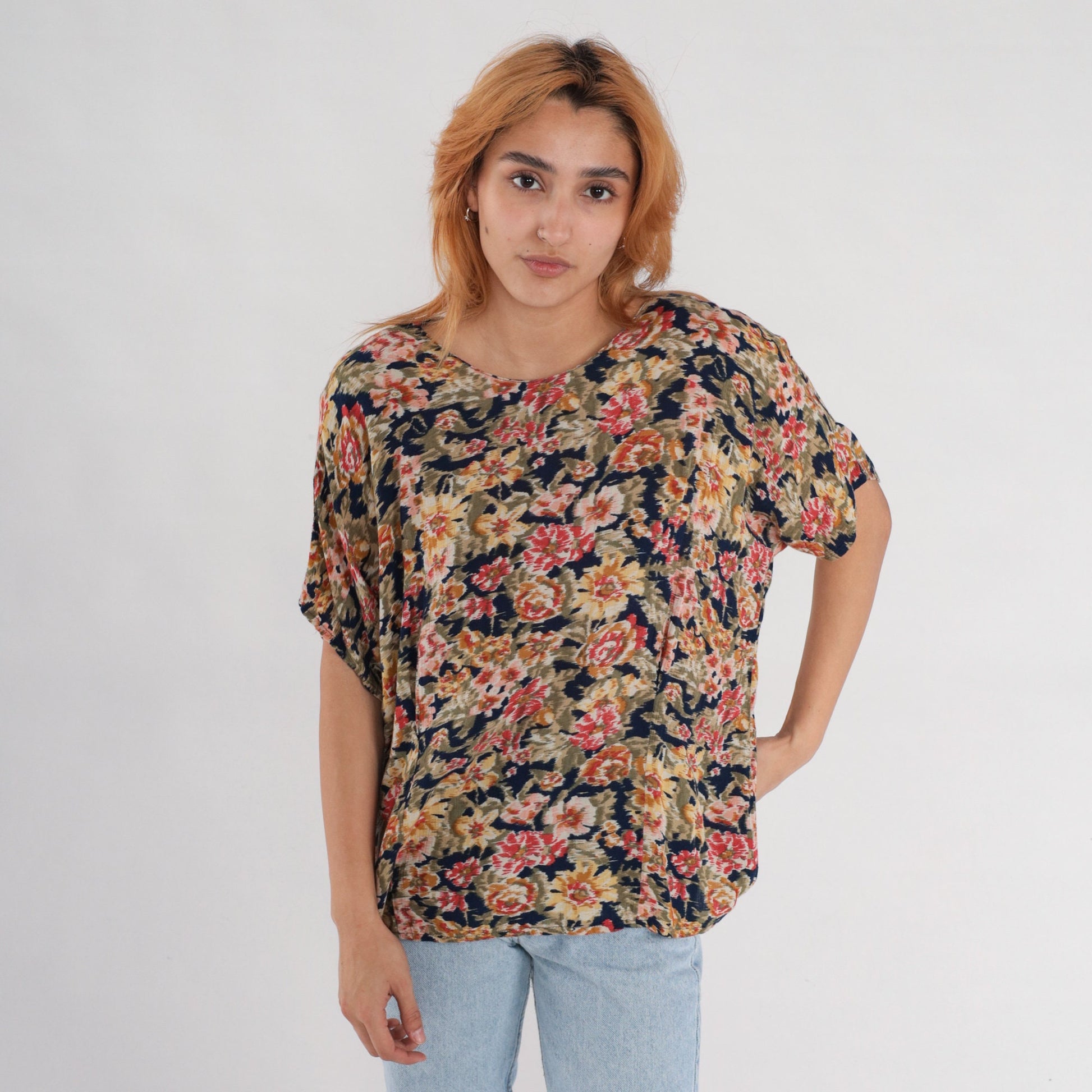 90s Karen Scott Floral Blouse Short Sleeve Rayon Navy Yellow Pink Large L