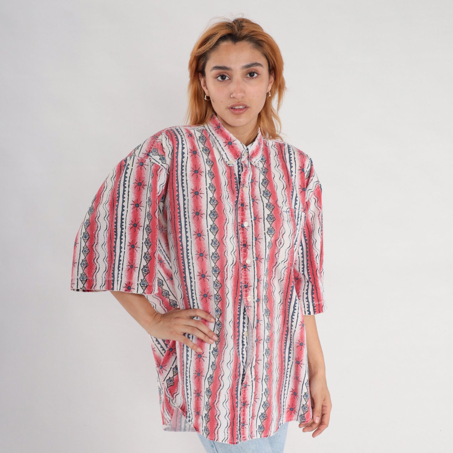90s Celestial Red Striped Button Up Shirt Geometric Sun Print Extra Large