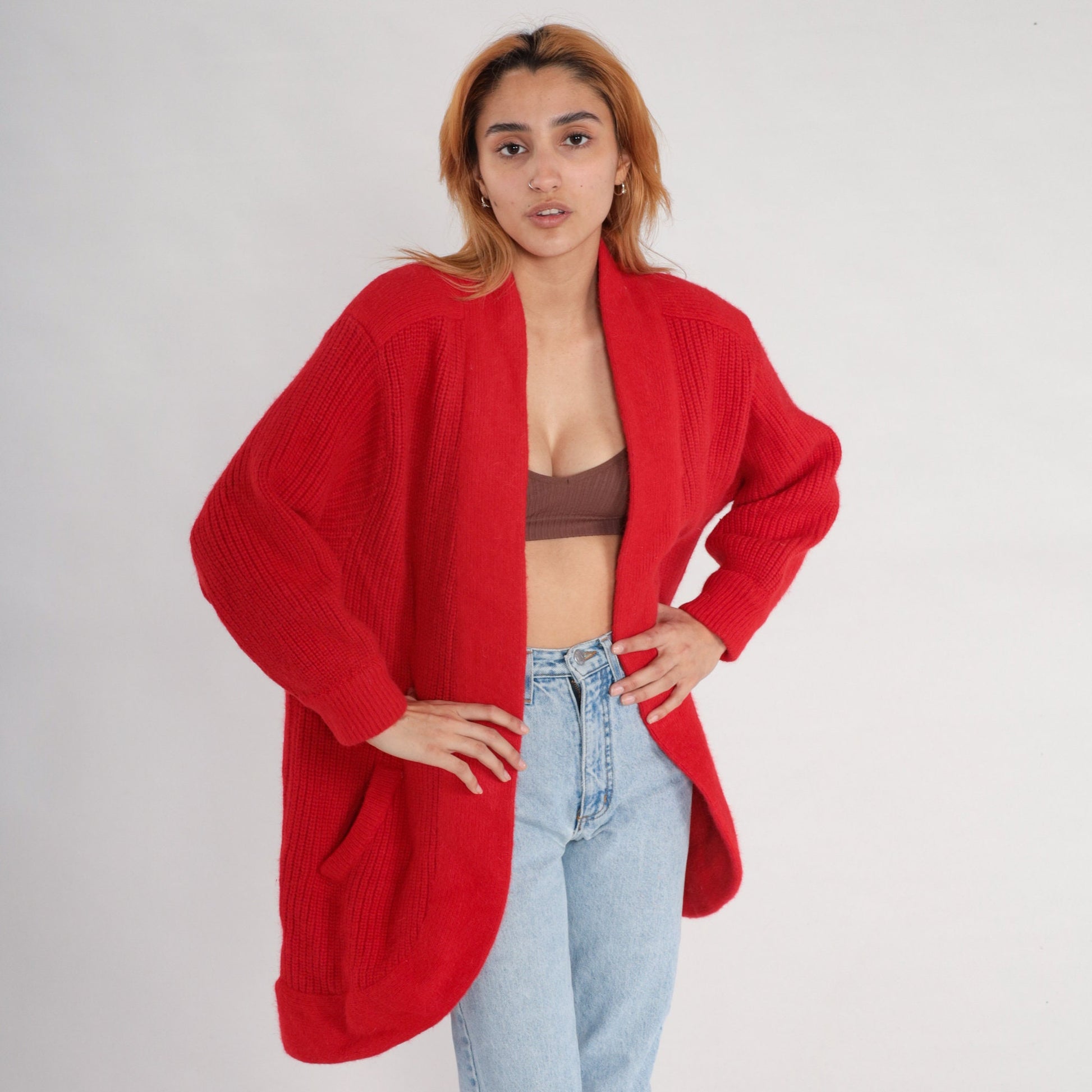 80s Red Wool Blend Cardigan Sweater Ribbed Knit Open Front Pockets Medium Large