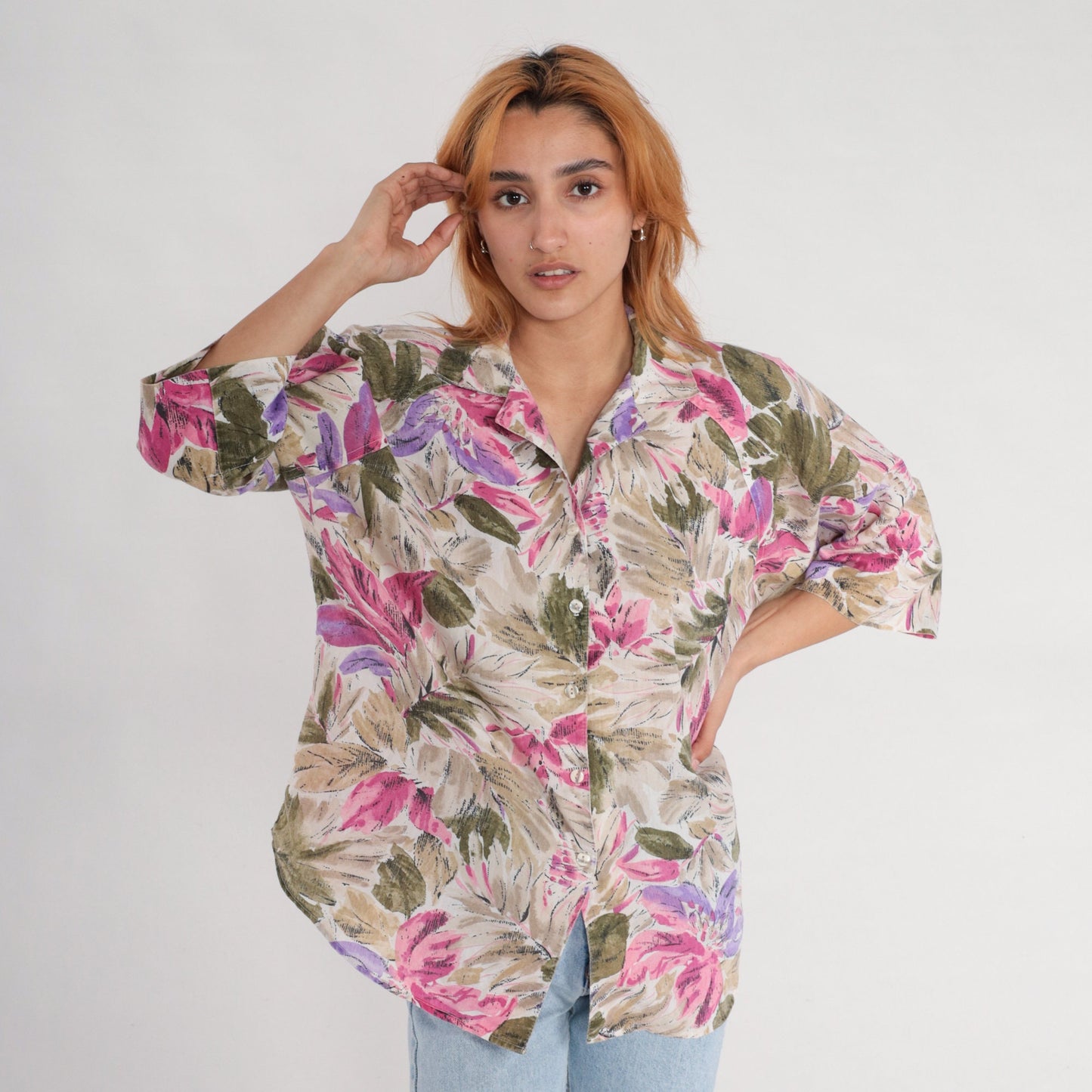 90s Floral Button Up Blouse Tan Olive Green Purple Pink 3/4 Sleeve XXL