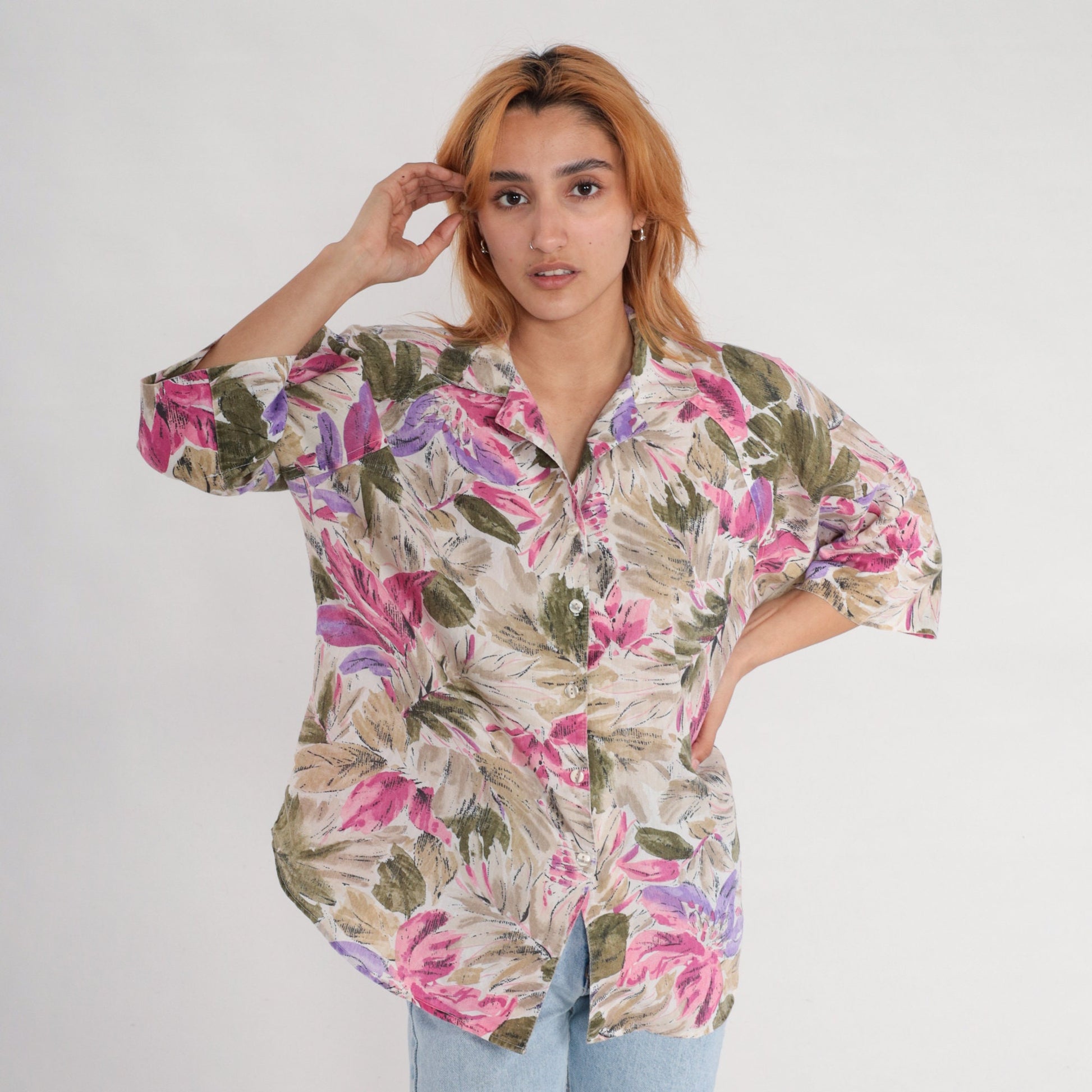 90s Floral Button Up Blouse Tan Olive Green Purple Pink 3/4 Sleeve XXL