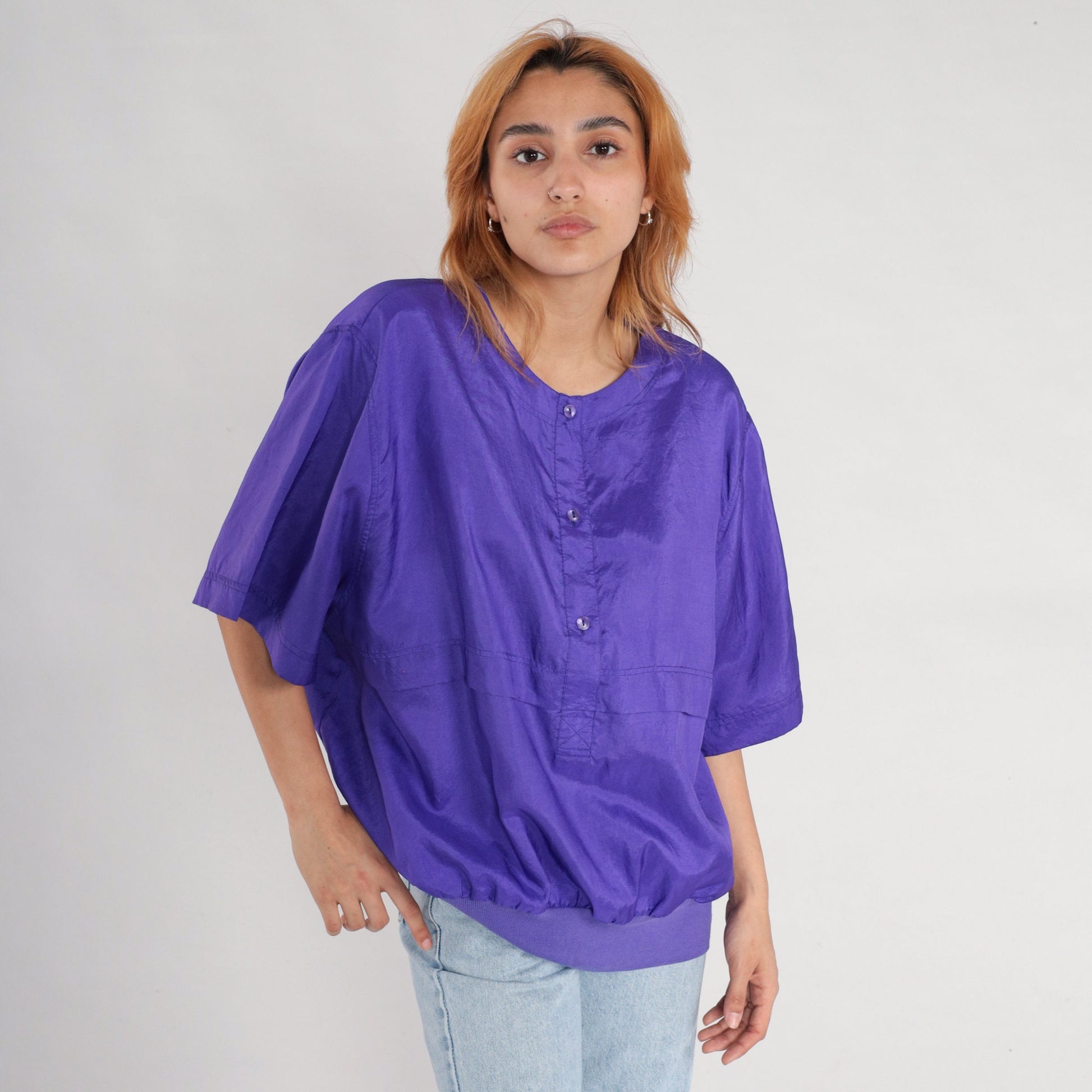 90s Leslie Fay Purple Button-Up Blouse Half Sleeve Banded Hem XXL