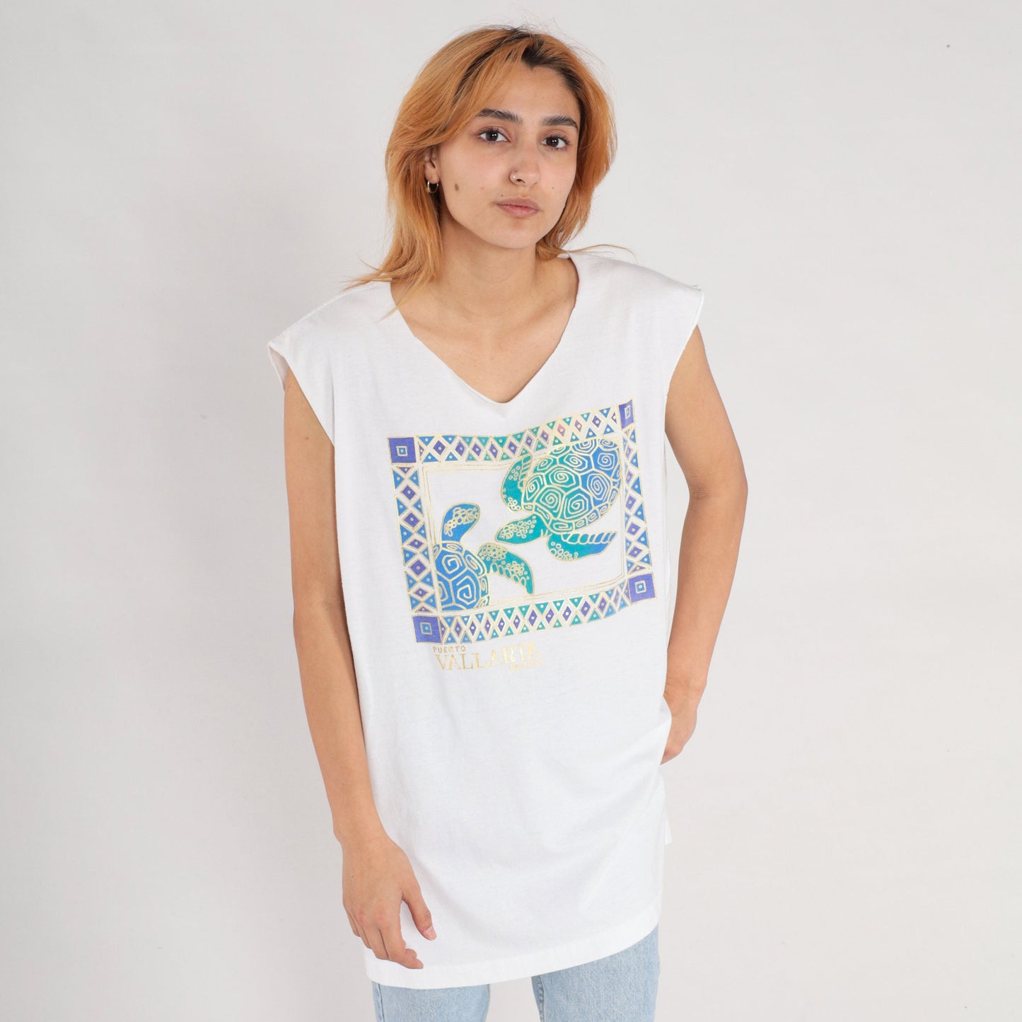 90s Puerto Vallarta Sea Turtle Tank Top White Gold Graphic Medium Large