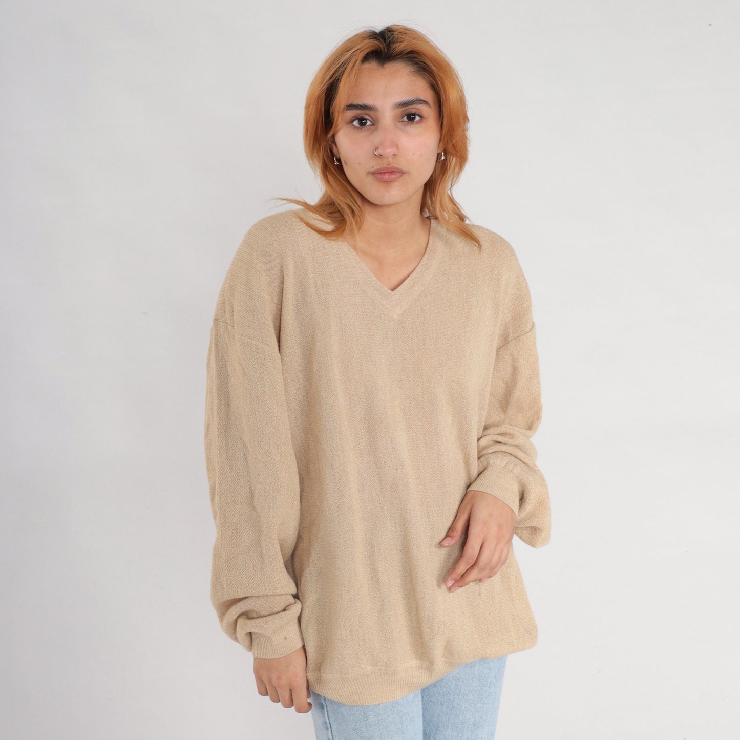90s Tan Alpaca Wool V-Neck Sweater Pullover Knit Extra Large