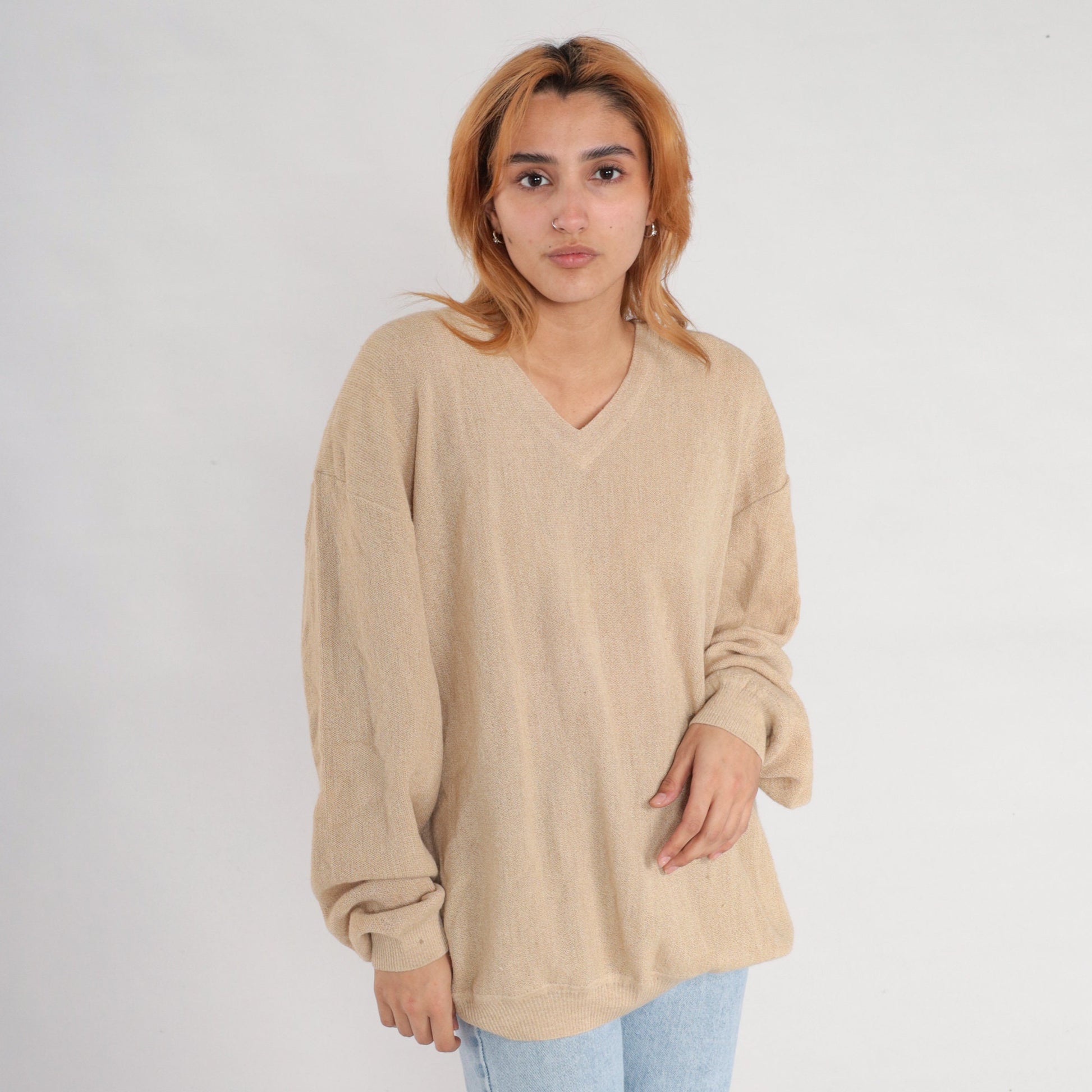 90s Tan Alpaca Wool V-Neck Sweater Pullover Knit Extra Large