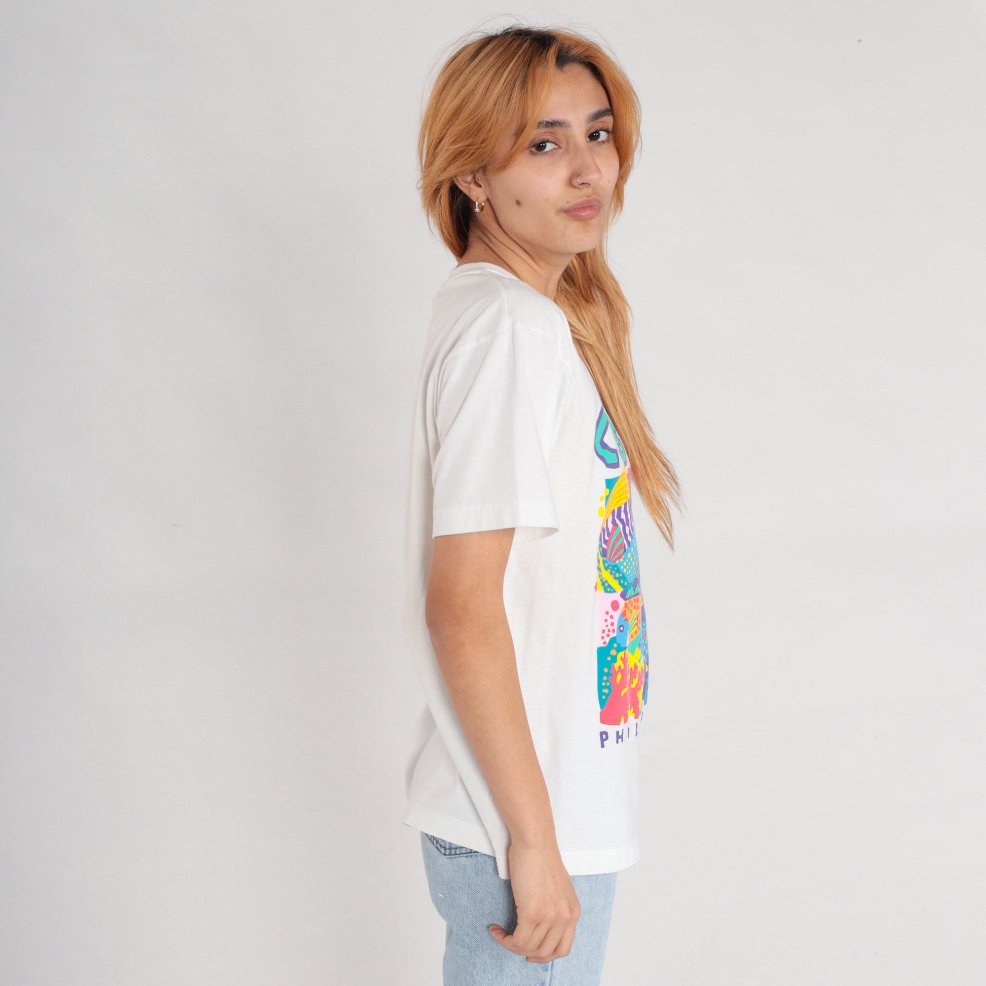 00s Cebu Philippines Tropical Fish Graphic Tee White Cotton Small