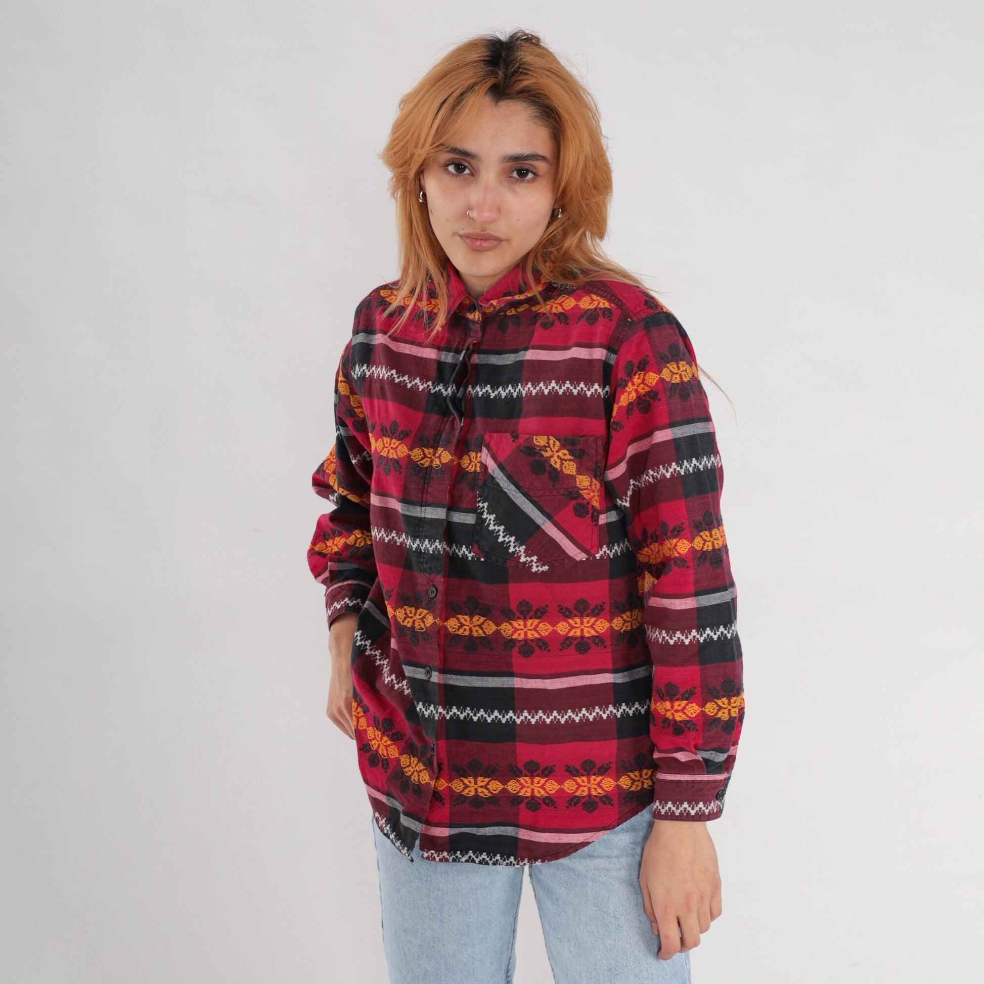 90s Checkered Floral Button Up Blouse Red Black Embroidered Long Sleeve Medium