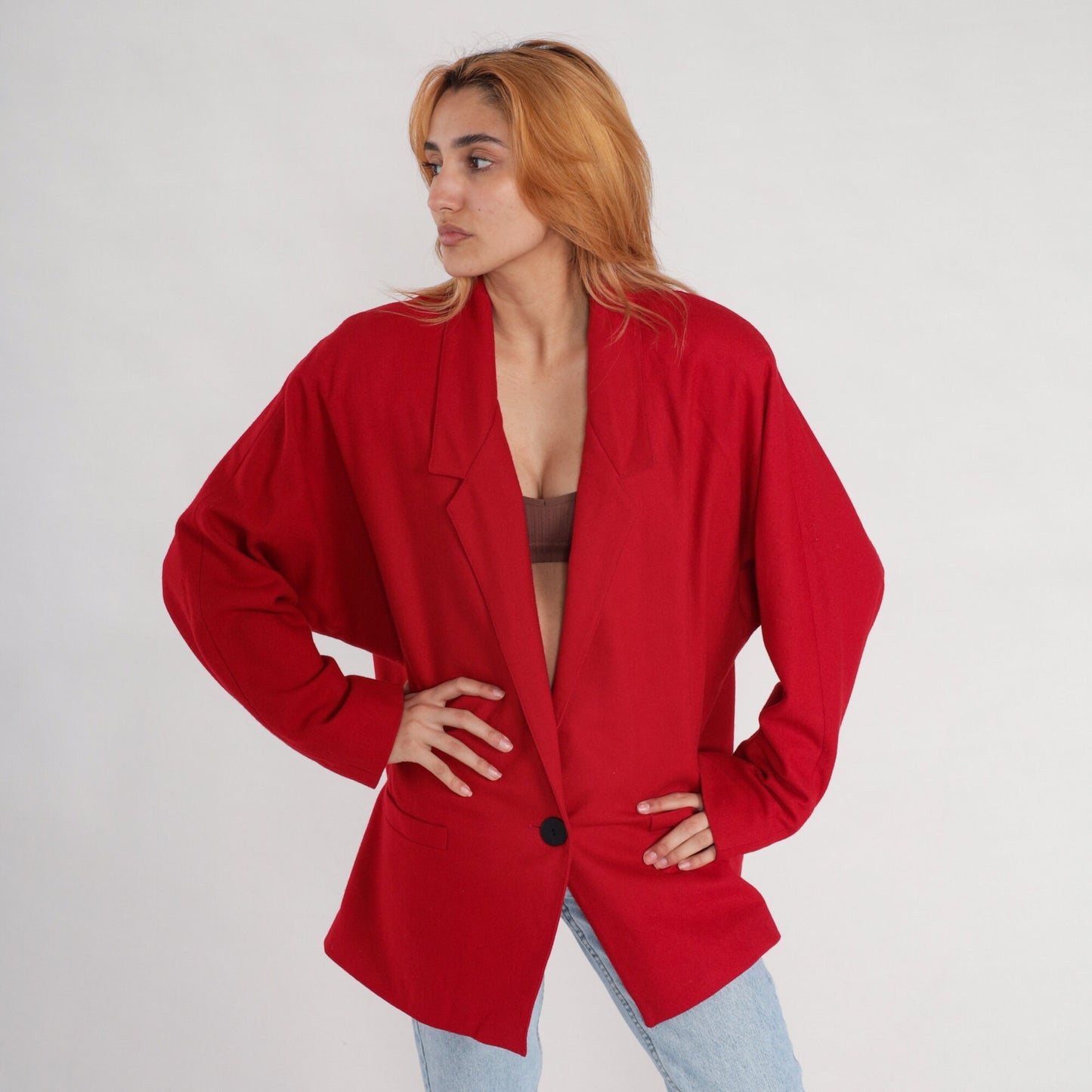 80s Red Wool Blazer Jacket Single Button Tailored Extra Large XL