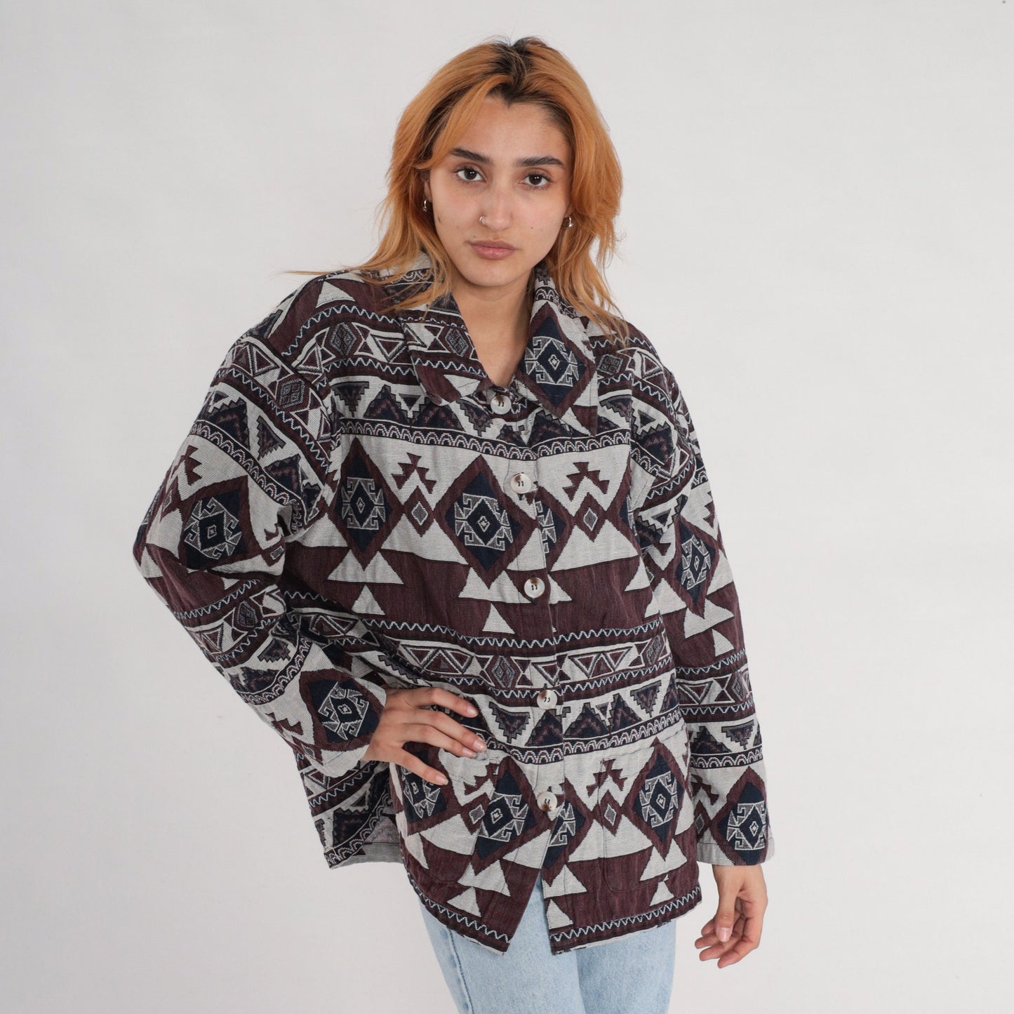 90s Southwestern Tapestry Jacket Brown Navy White Aztec Print Extra Extra Large XXL