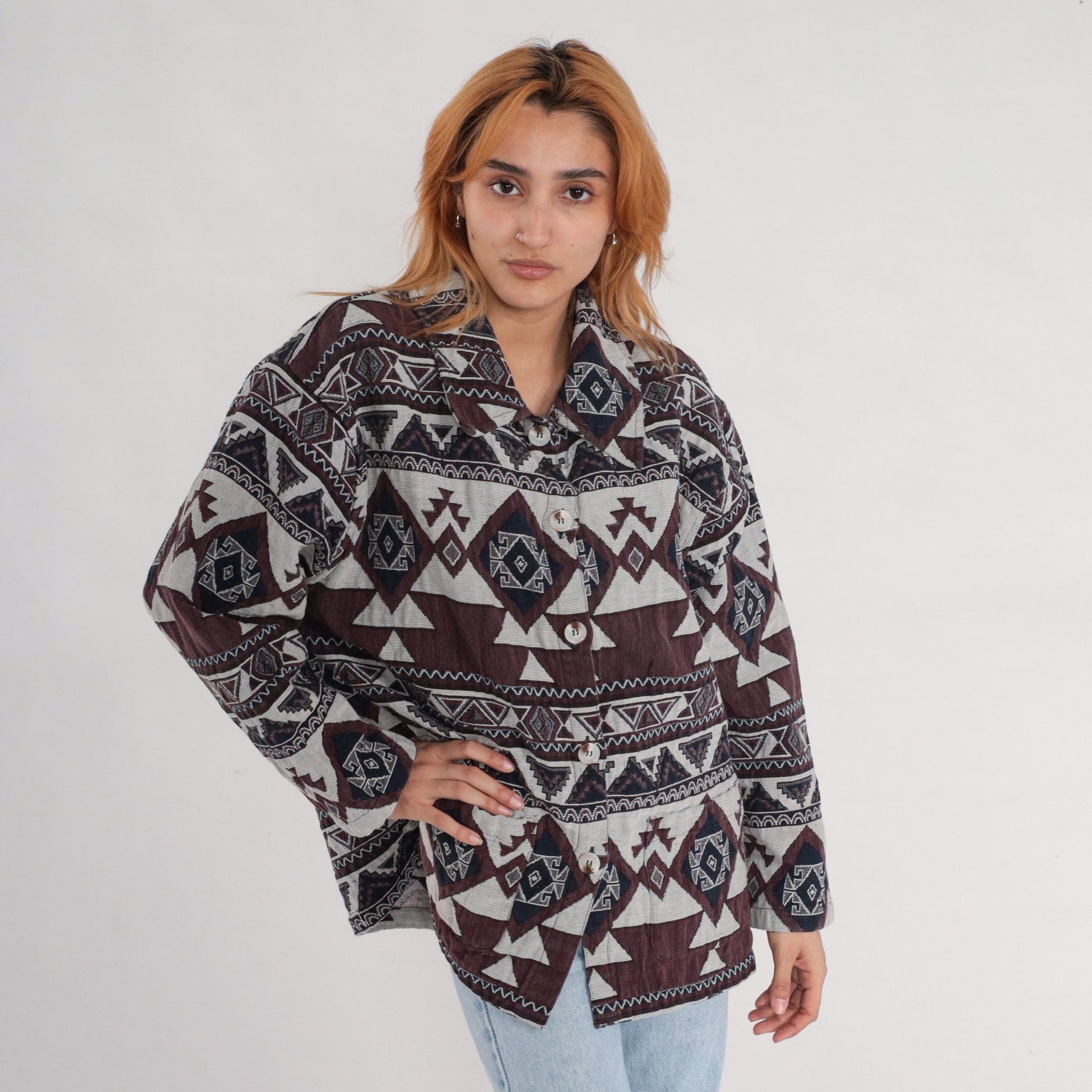 90s Southwestern Tapestry Jacket Brown Navy White Aztec Print Extra Extra Large XXL