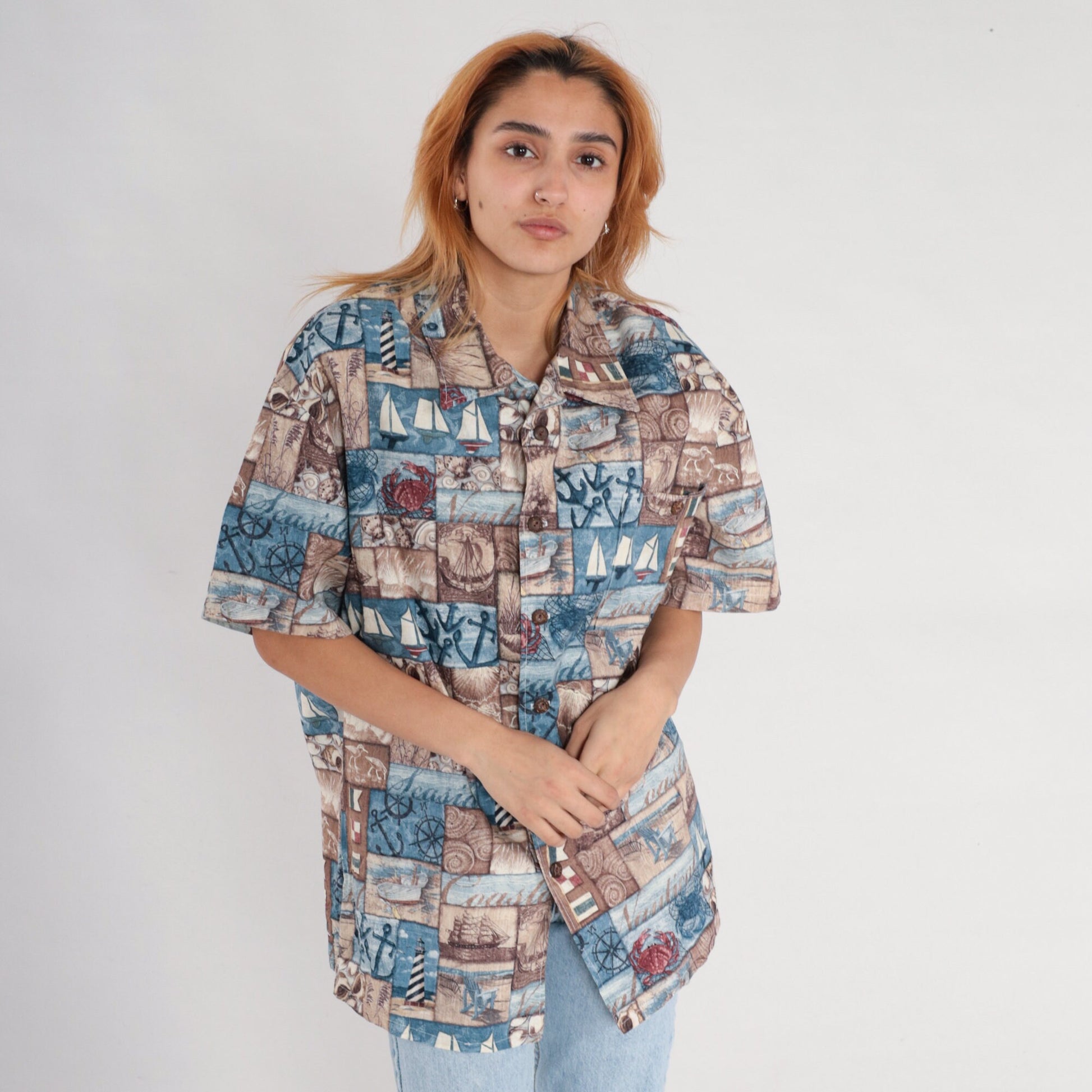 90s Nautical Sailboat Button-Up Shirt Blue Short Sleeve Extra Large XL