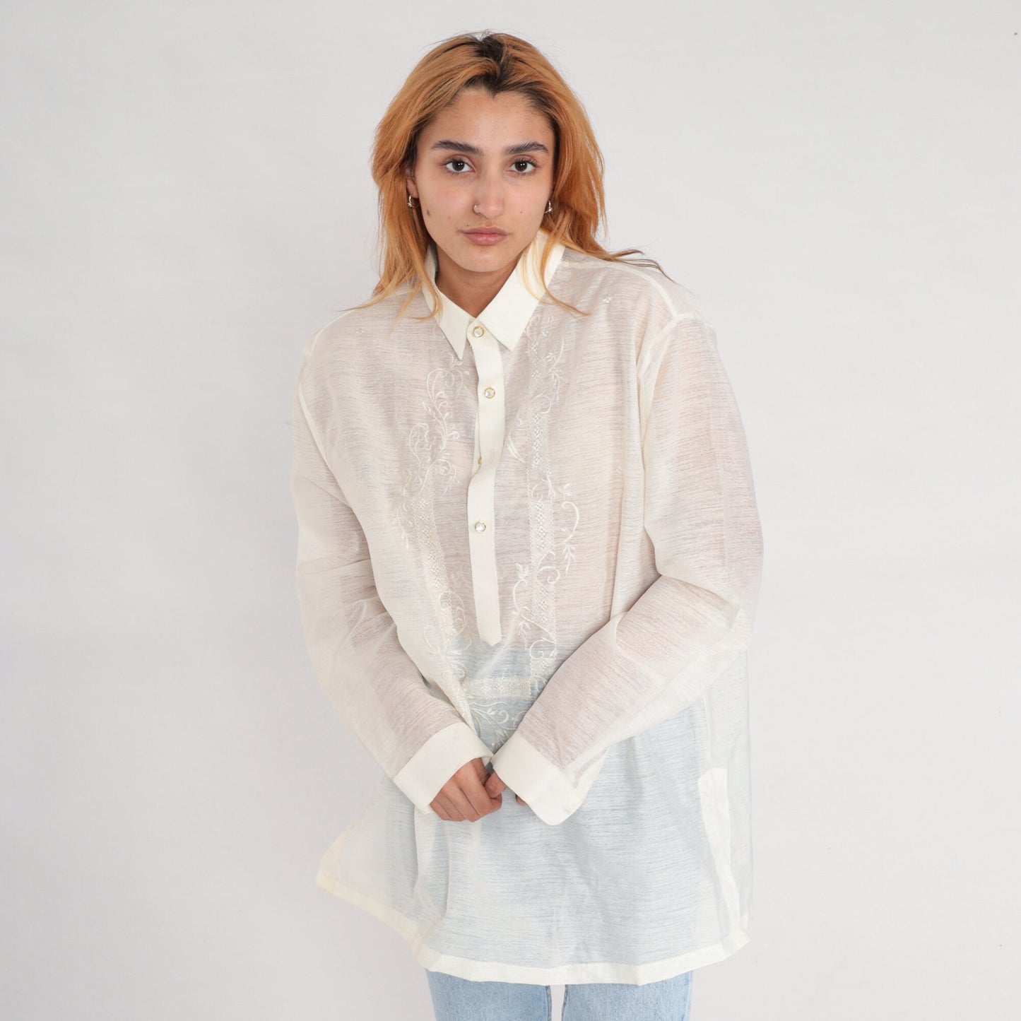 00s Sheer White Embroidered Button-Up Blouse Long Sleeve Floral Large L
