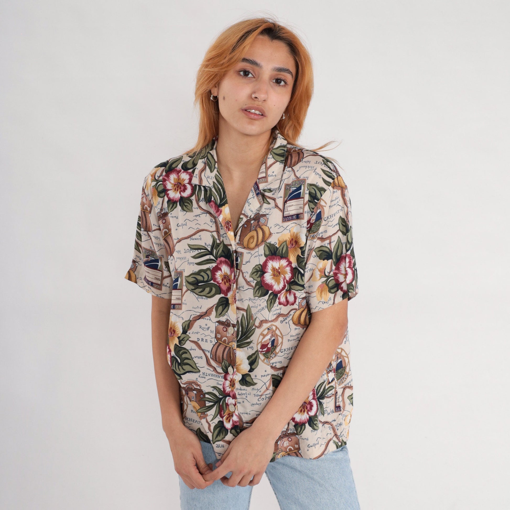 90s Nautical Floral Ship Suitcase Rayon Button-Up Blouse Short Sleeve Medium Petite