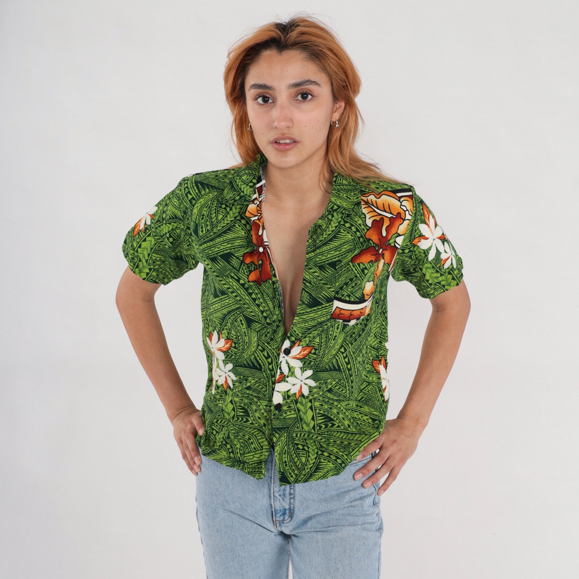 80s Tropical Floral Green Hawaiian Button-Up Blouse Short Sleeve Small