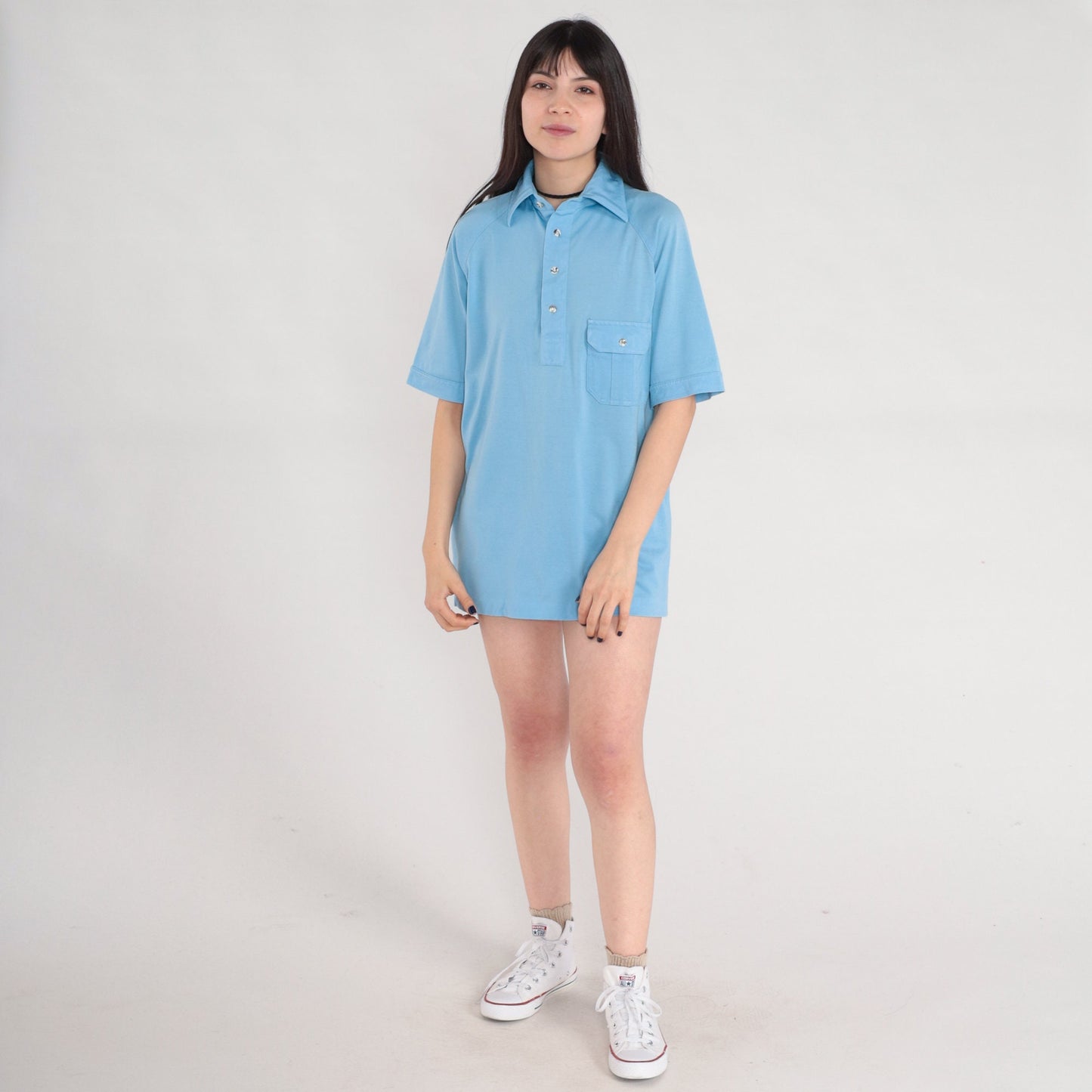 70s Blue Polo Shirt Half Button Raglan Sleeve Collared Top Medium
