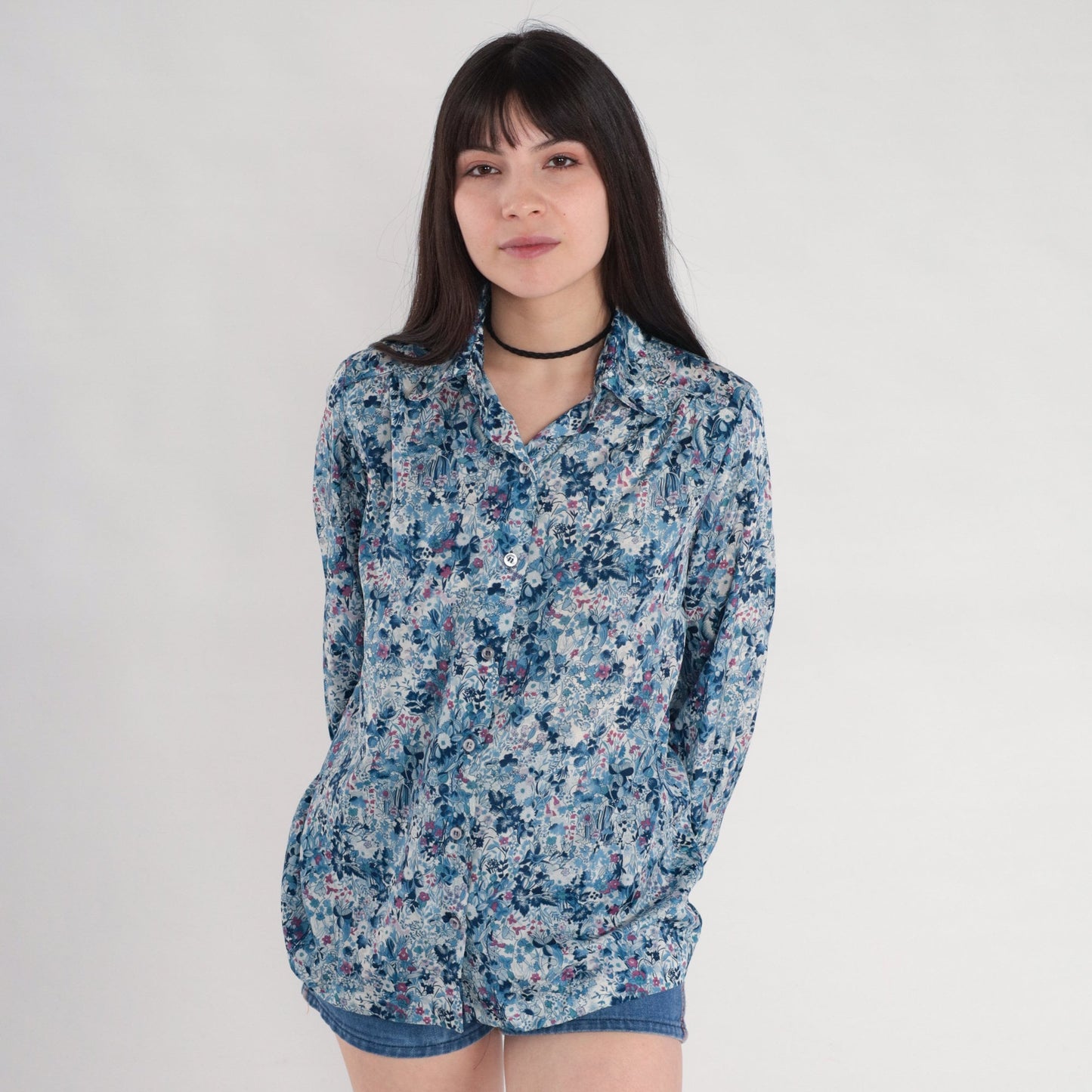 70s Blue Floral Button-Up Blouse Long Sleeve Collared Shirt Medium M