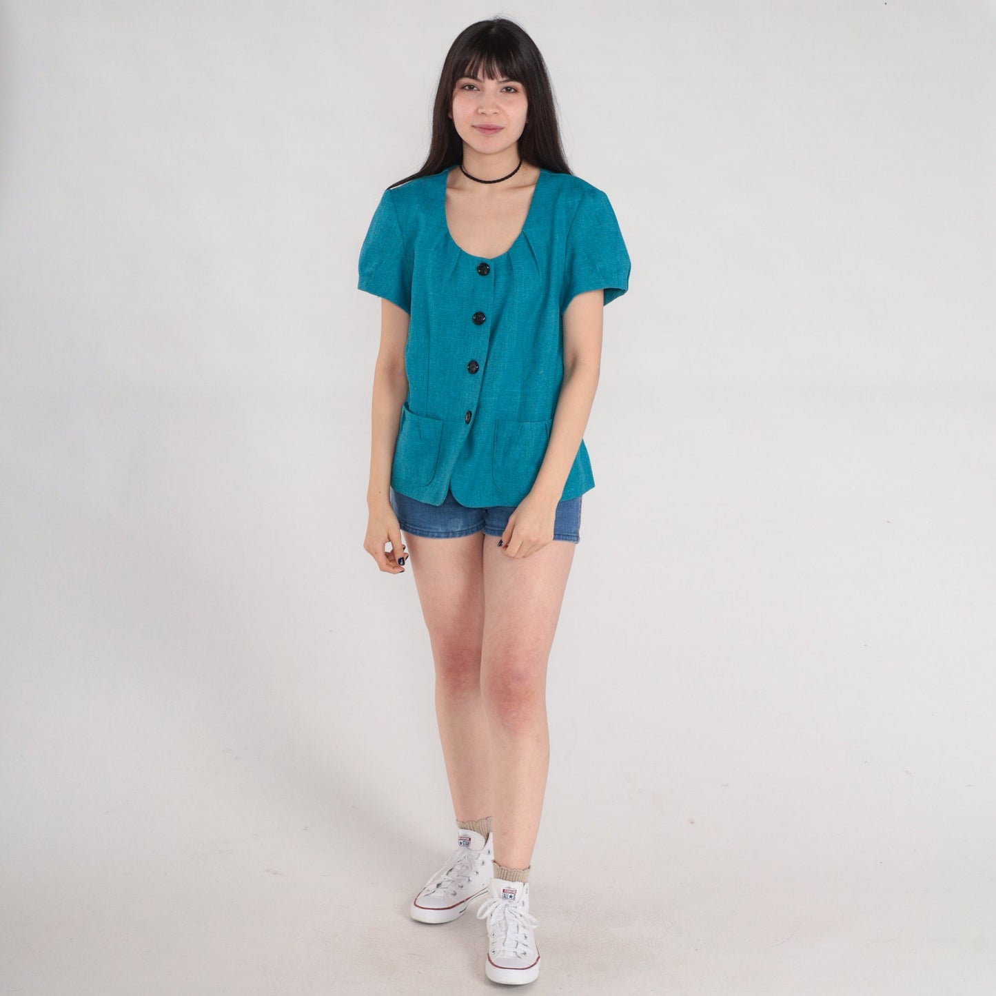 90s Blue Puff Sleeve Button-Up Blouse Secretary Top Medium